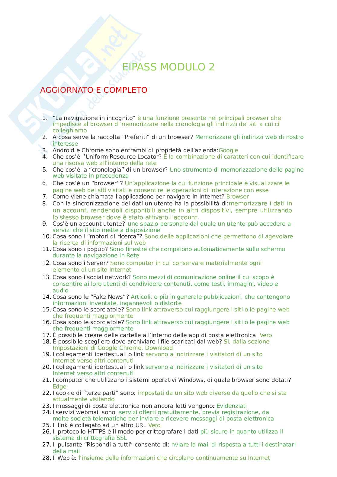 Nuova versione domande Eipass - Modulo 2: Navigazione e funzioni dei browser. Aggiornato e completo Pag. 1