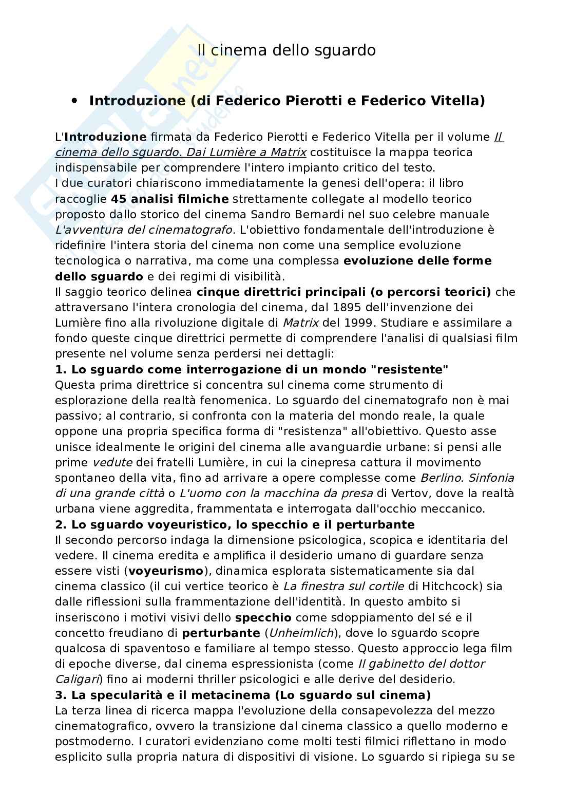Riassunto esame Storia e teorie del cinema, Prof. Vitella Federico, libro consigliato Il cinema dello sguardo. Dai Lumière a Matrix, Pierotti, Vitella Pag. 1
