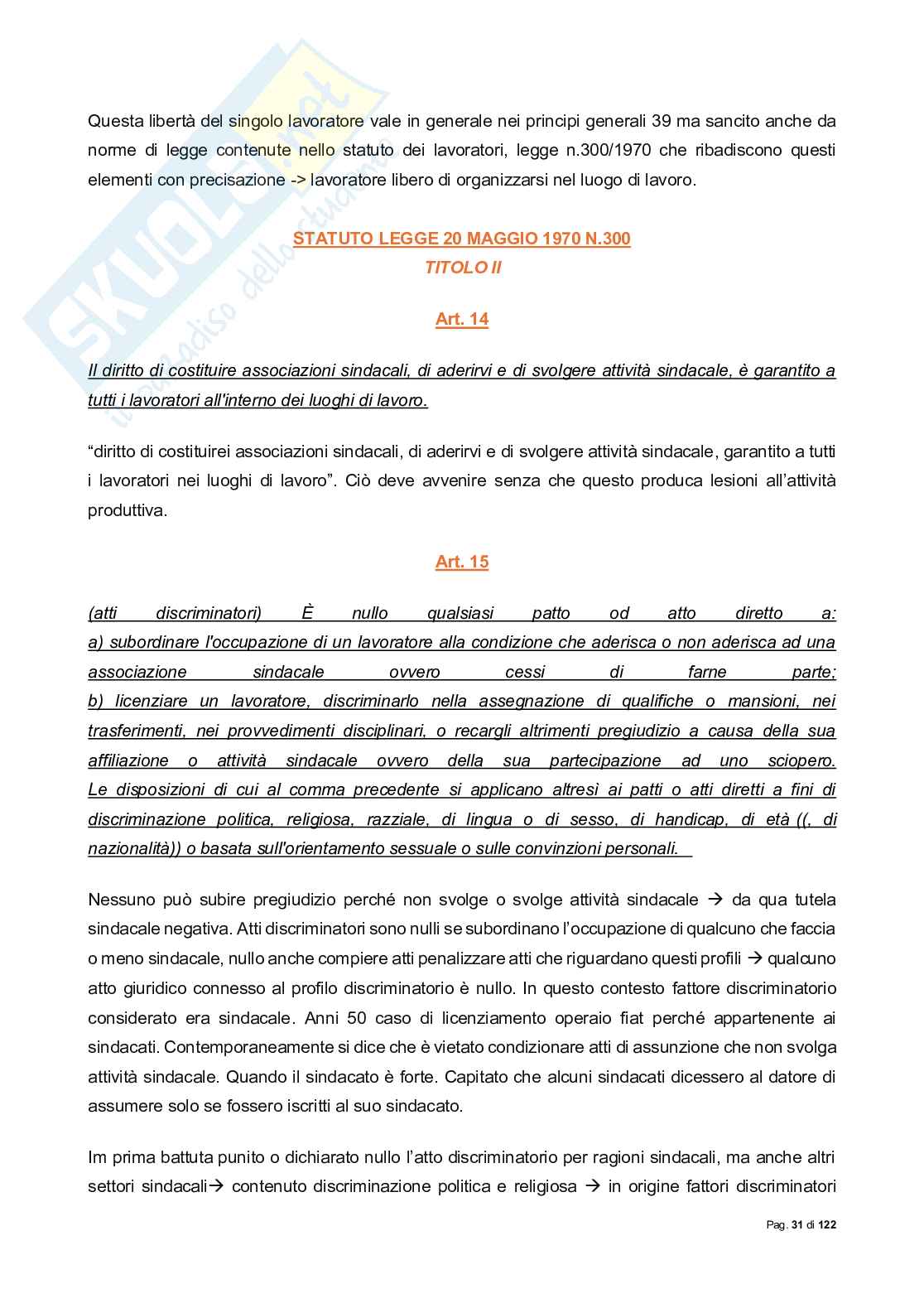 Riassunto esame Diritto sindacale, Prof. Lassandari Andrea, libro consigliato Il diritto sindacale, Carinci Pag. 31