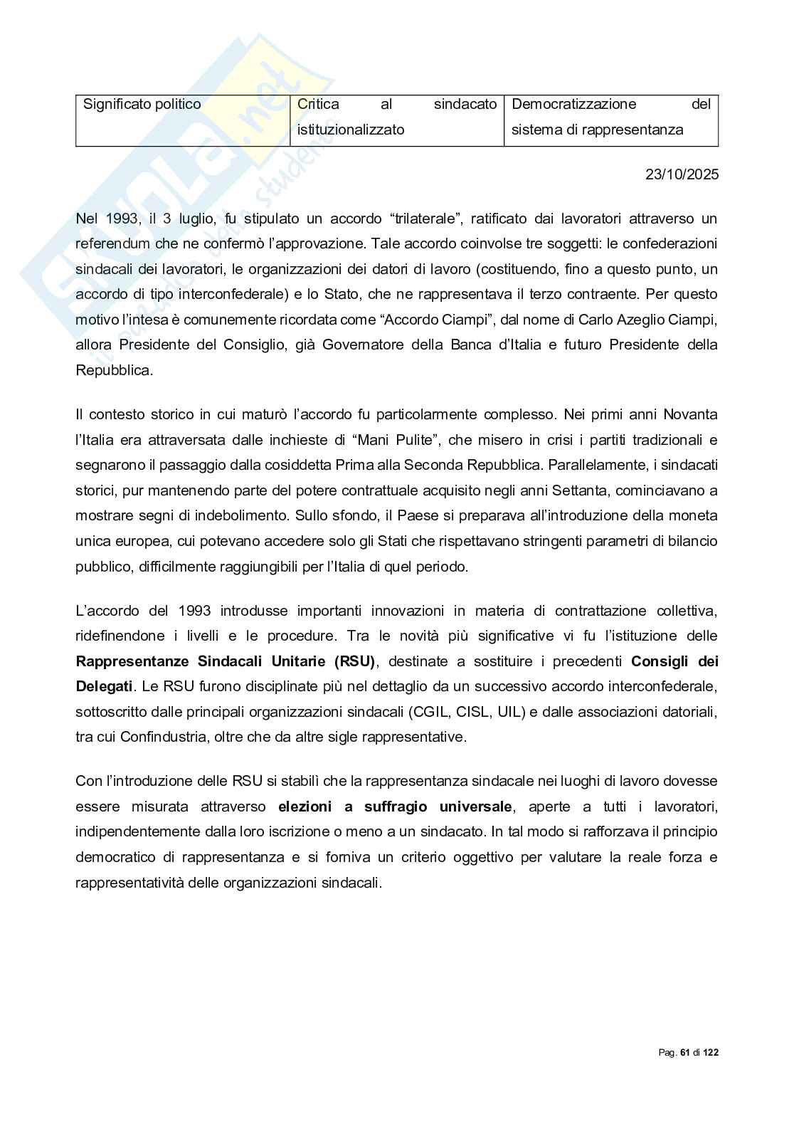 Riassunto esame Diritto sindacale, Prof. Lassandari Andrea, libro consigliato Il diritto sindacale, Carinci Pag. 61