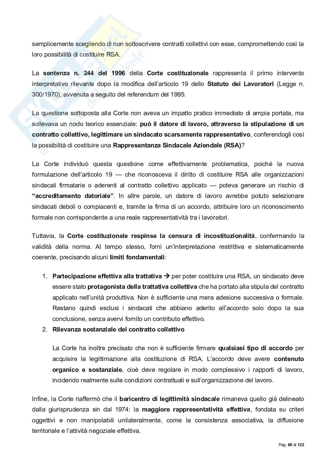 Riassunto esame Diritto sindacale, Prof. Lassandari Andrea, libro consigliato Il diritto sindacale, Carinci Pag. 66
