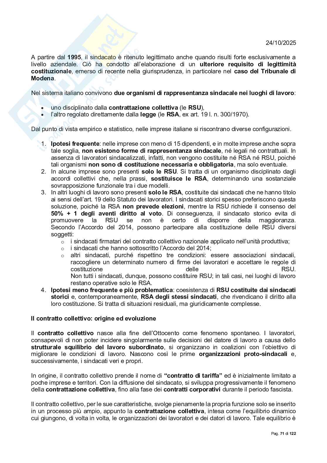 Riassunto esame Diritto sindacale, Prof. Lassandari Andrea, libro consigliato Il diritto sindacale, Carinci Pag. 71