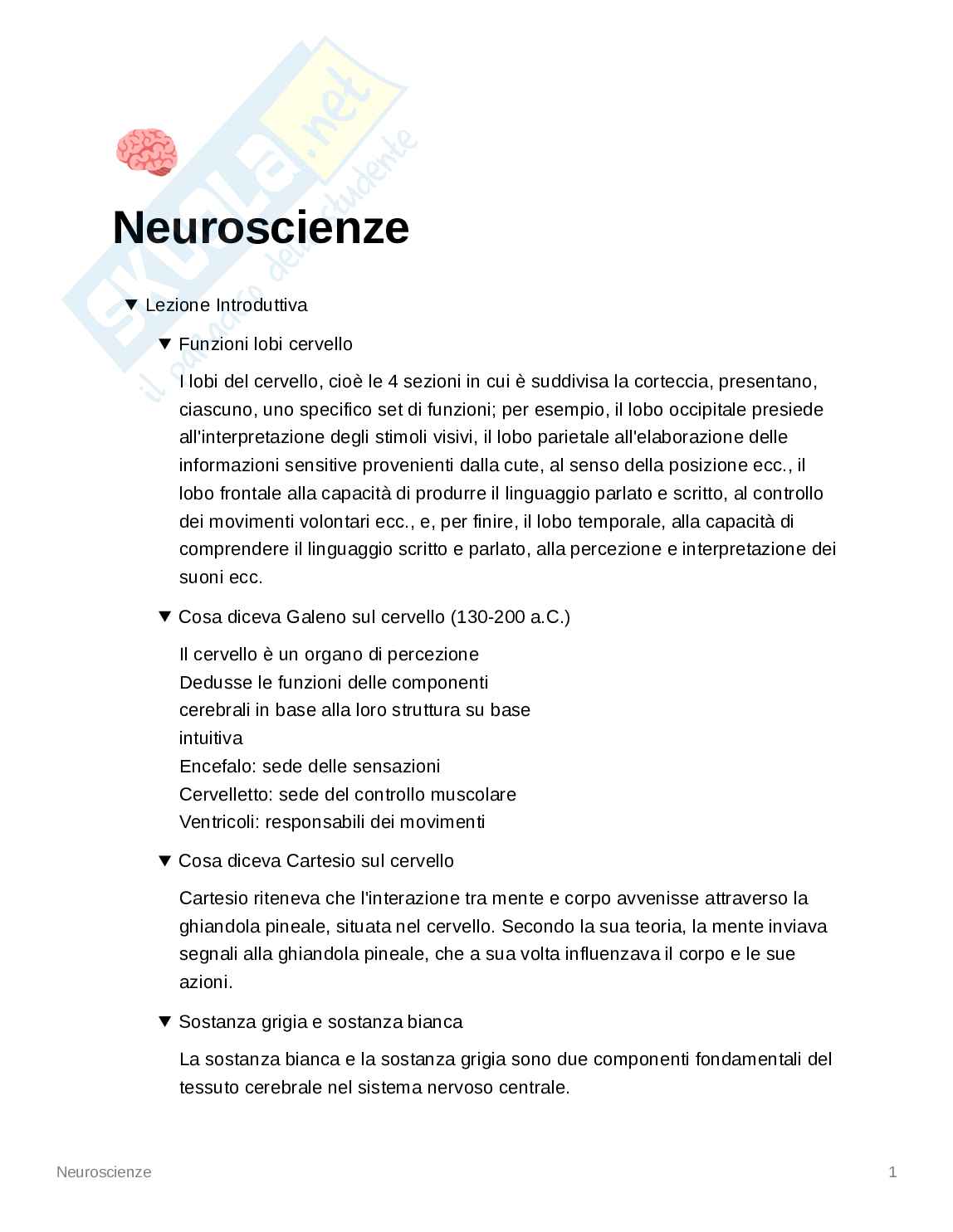Appunti Neuroscienze - Psicologia dello Sport Pag. 1
