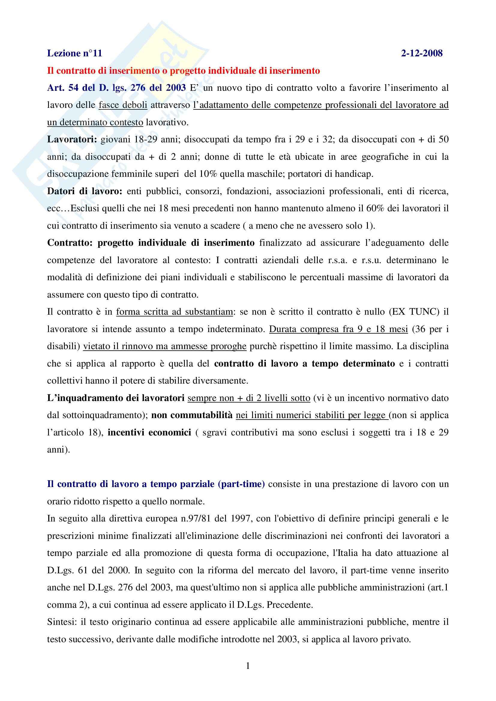 Diritto del lavoro - il contratto d'inserimento Pag. 1