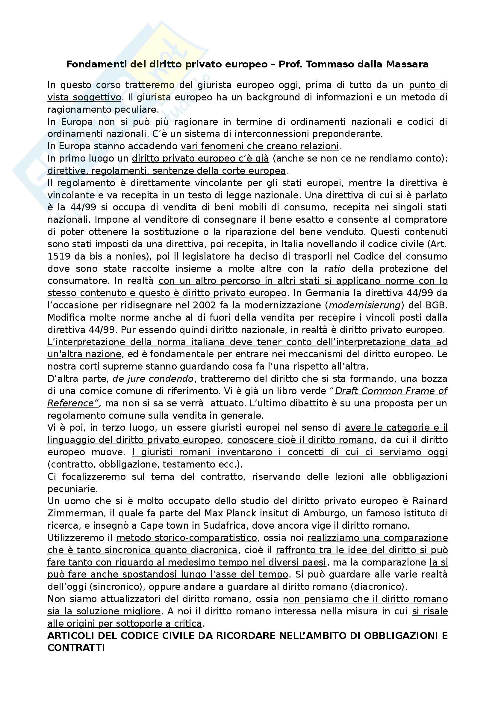 Fondamenti del diritto privato europeo - Appunti Pag. 1