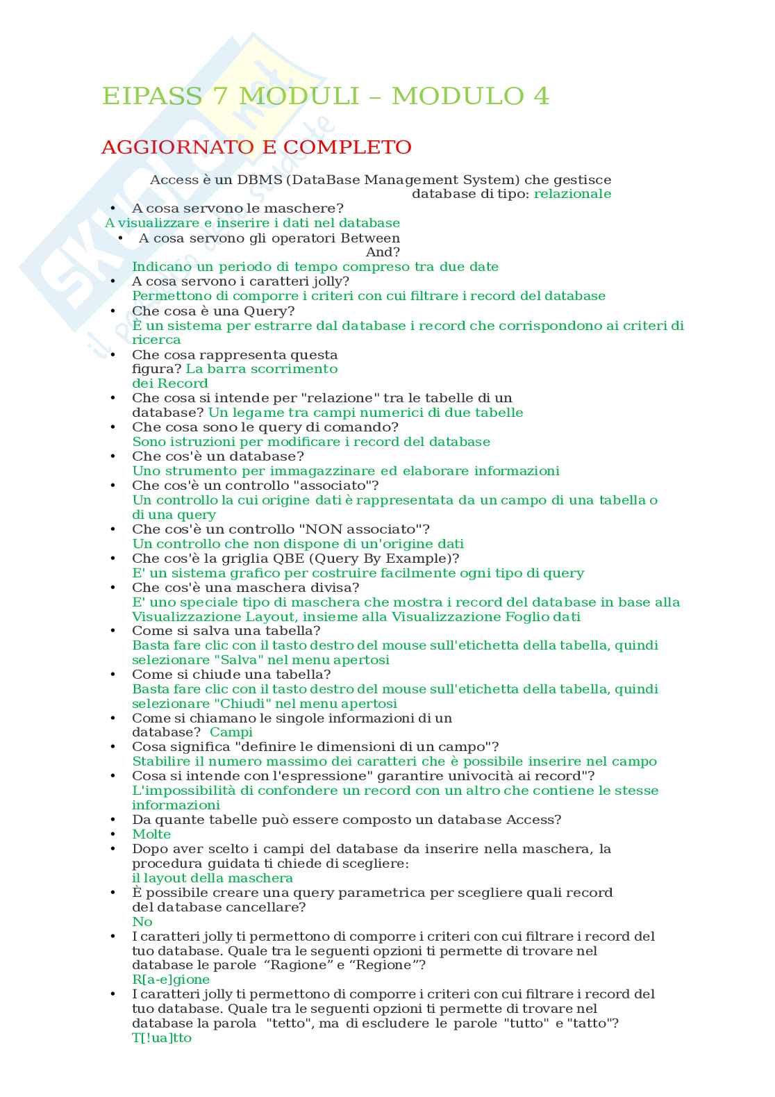 Domande Eipass 7 moduli - modulo 4: concetti chiave su Access Pag. 1