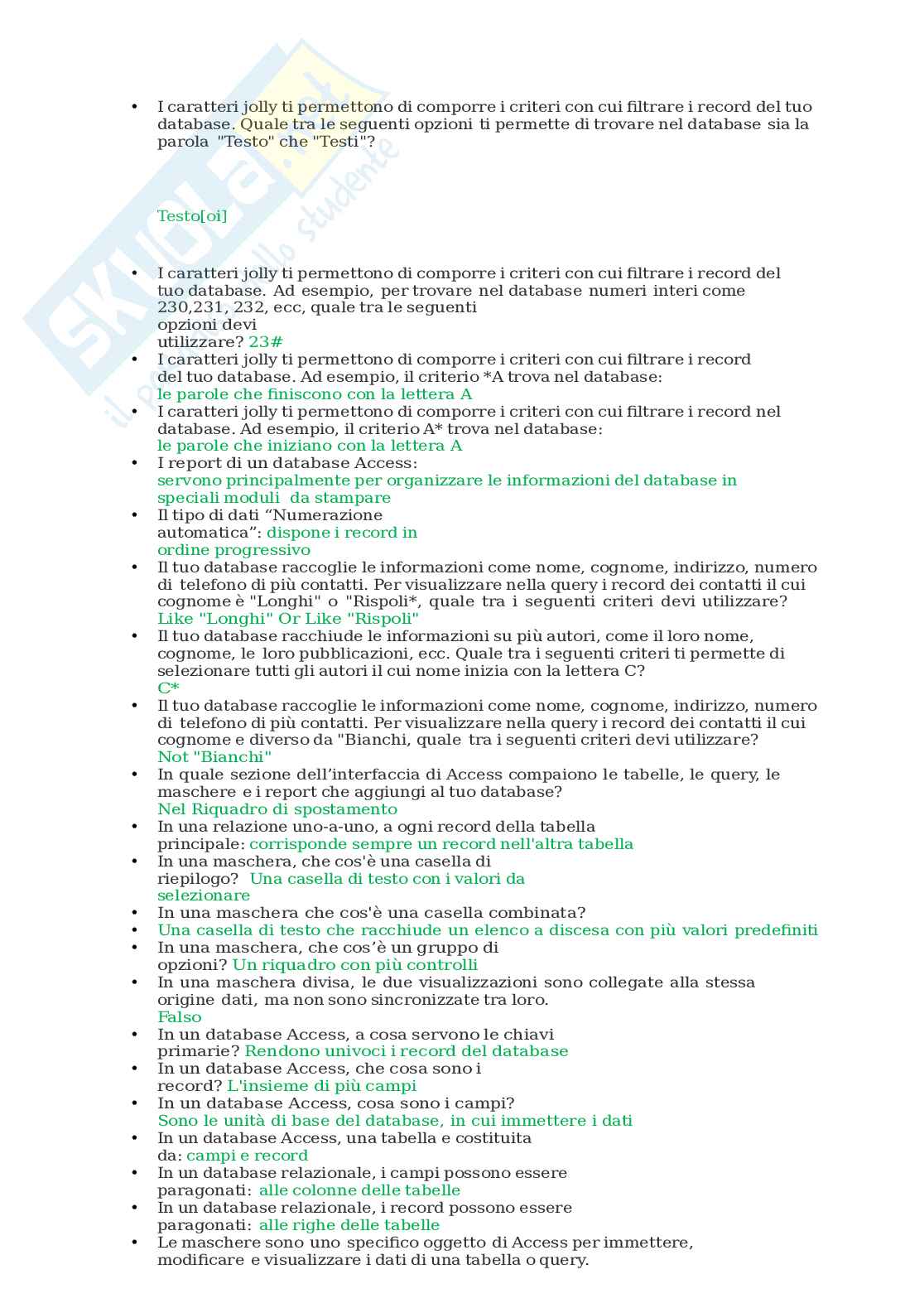 Domande Eipass 7 moduli - modulo 4: concetti chiave su Access Pag. 2