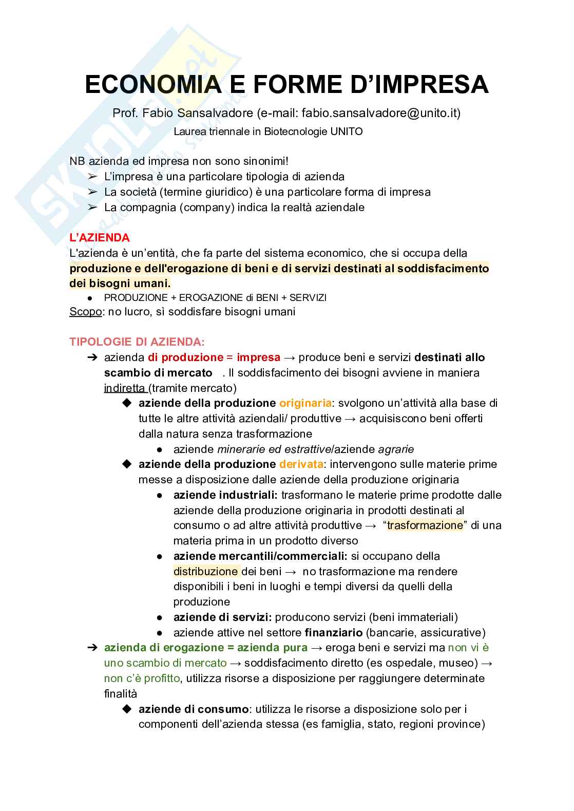 Economia e forme di impresa  Pag. 1