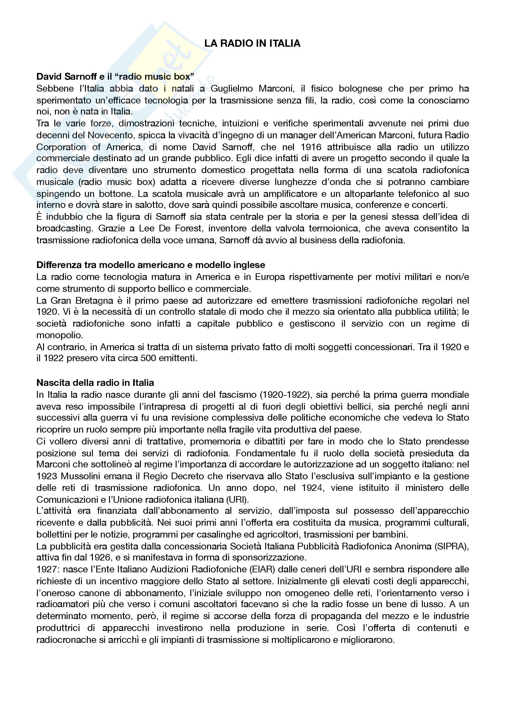 Riassunto esame Laboratorio di comunicazione radiofonica, prof. Bonini, libro consigliato La radio in Italia Pag. 1