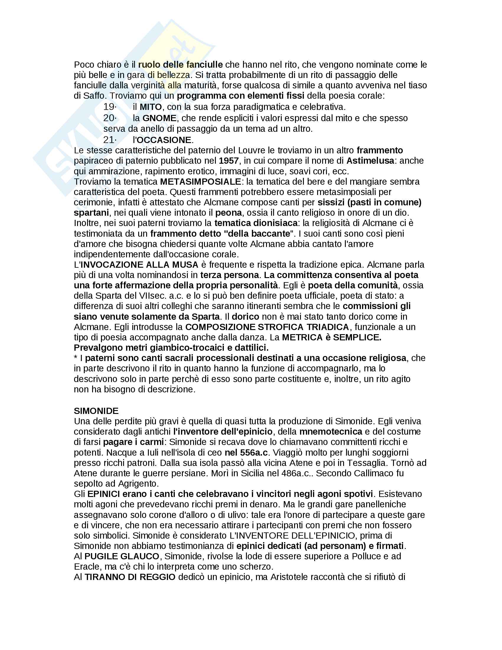 Poesia Epica e Poesia Lirica - Omero, Esiodo, Archiloco, Semonide, Ipponatte, Tirteo, Mimnermo, Solone, Teognide, Alceo, Saffo, Anacreonte, Alcmane, Simonide, Pindaro Pag. 16