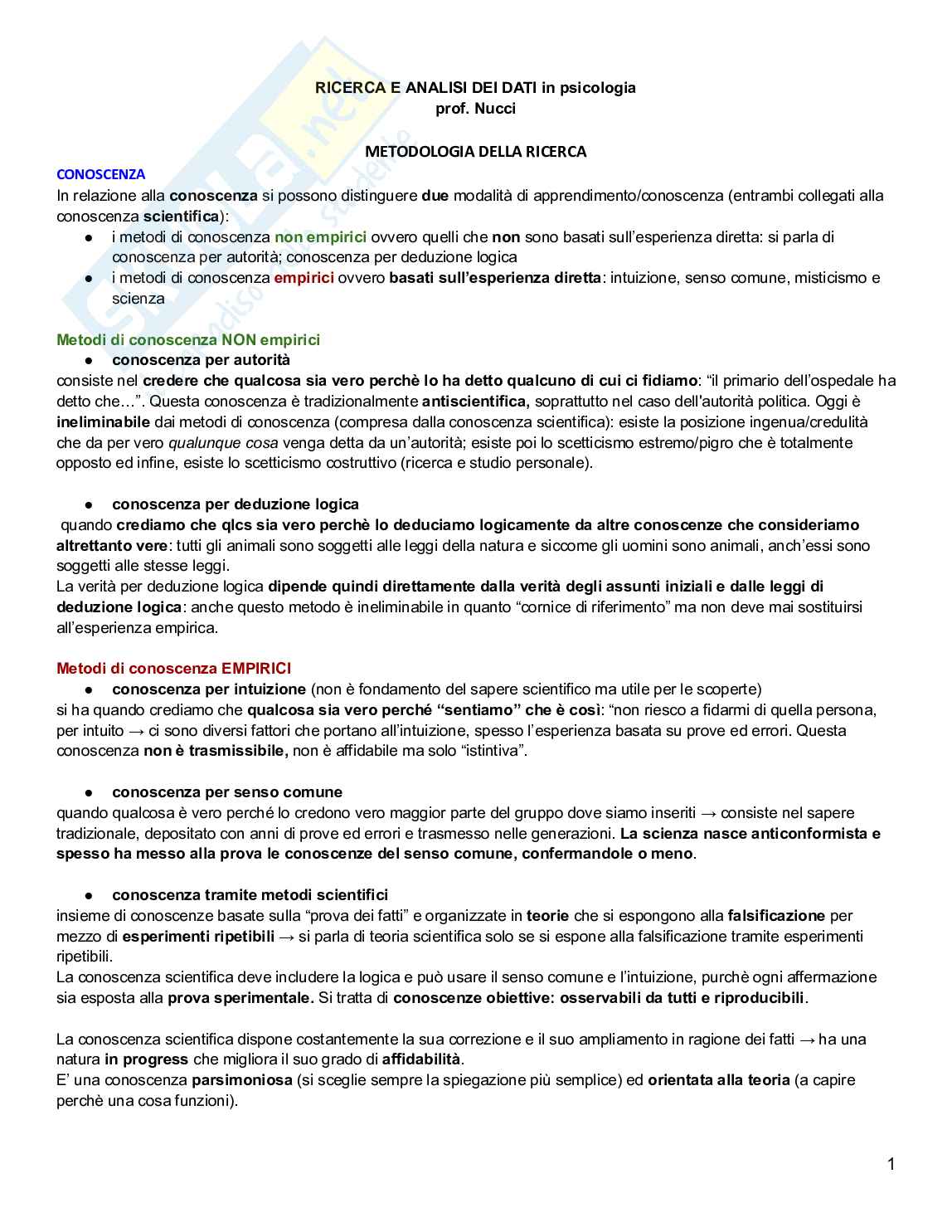Ricerca e analisi dei dati in psicologia Pag. 1