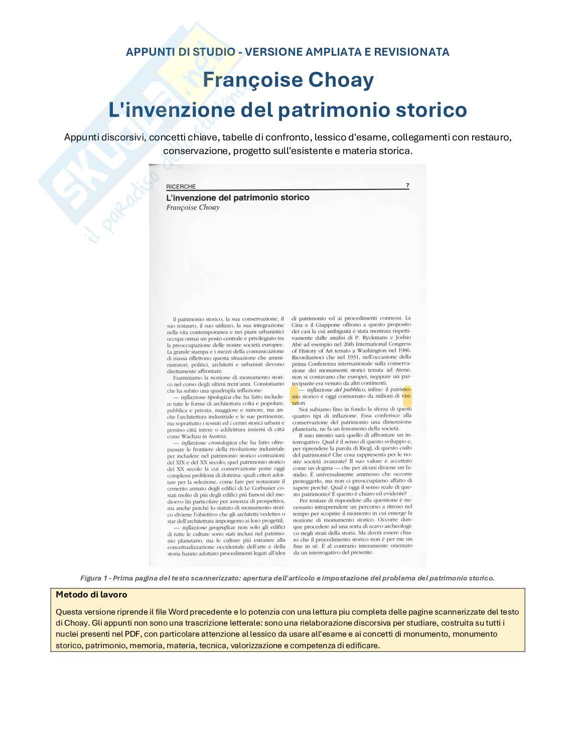 Riassunto esame Fondamenti di conservazione dell'edilizia storica, Prof. Canziani Andrea, libro consigliato L'invenzione del patrimonio storico, Choay Pag. 1