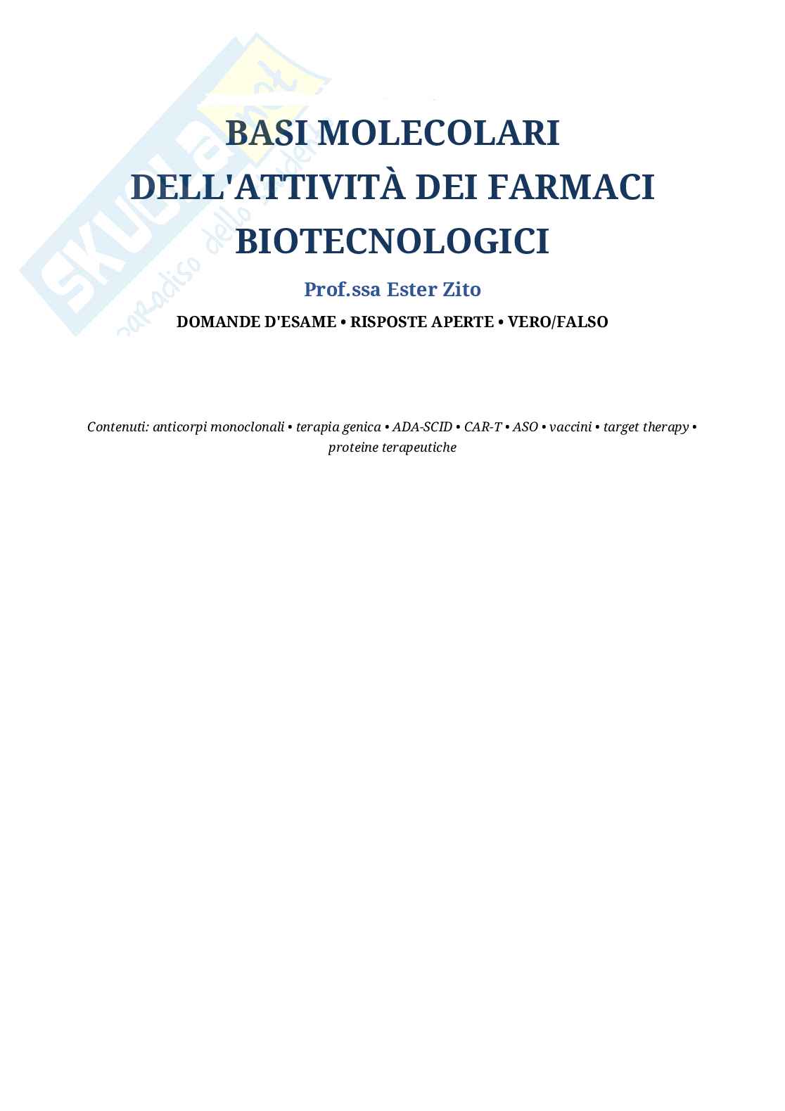 Basi molecolari dell'attività dei farmaci biotecnologici - Domande d'esame con risposte   Pag. 1