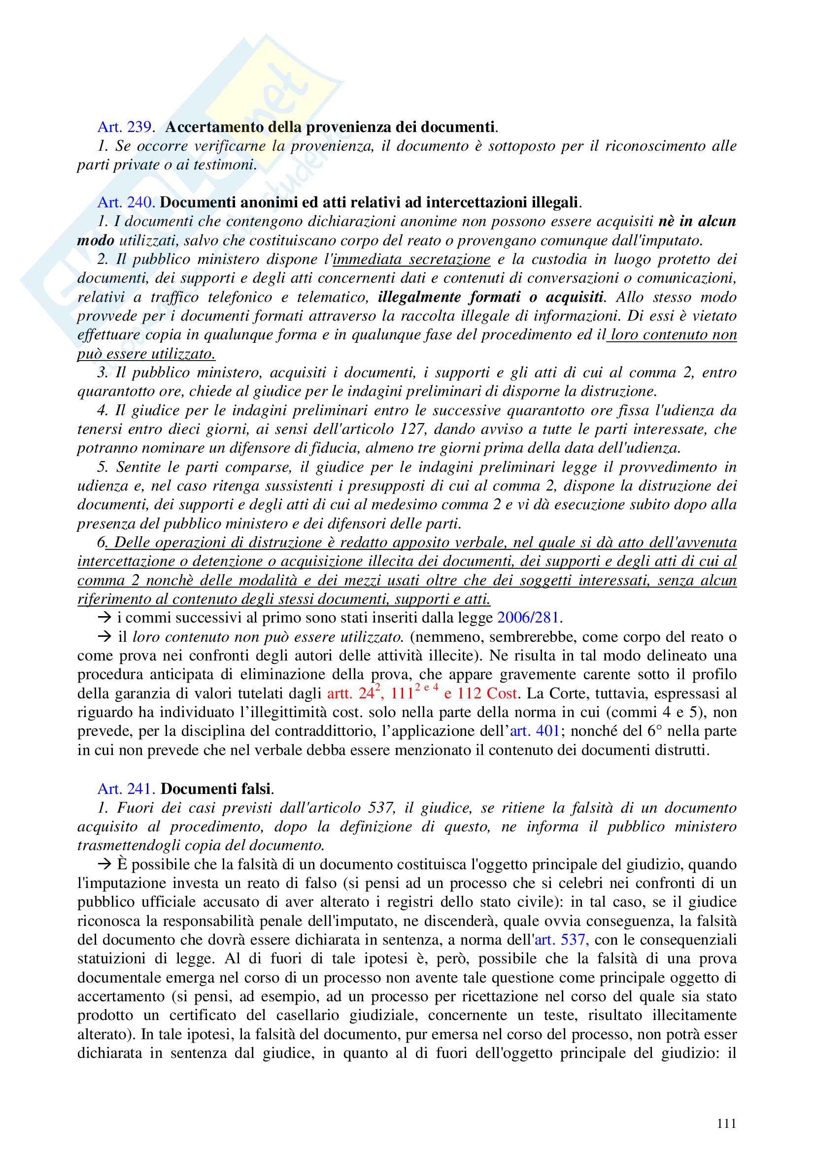 Riassunto esame Procedura Penale, prof. Galgani, libro consigliato Diritto Processuale Penale I di Conso e Grevi Pag. 111