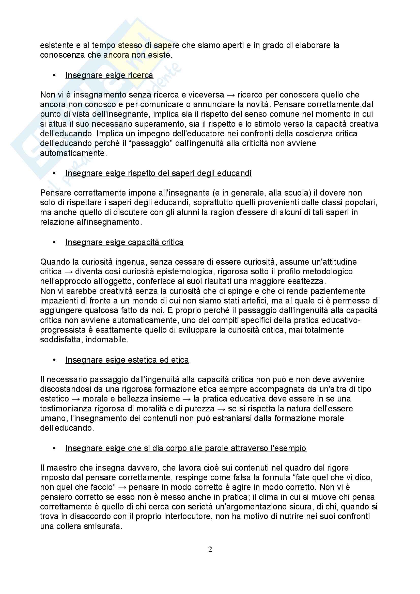 Riassunto esame Pedagogia dell'infanzia, prof. Toffano, libro consigliato Pedagogia dell'autonomia, P. Freire Pag. 2