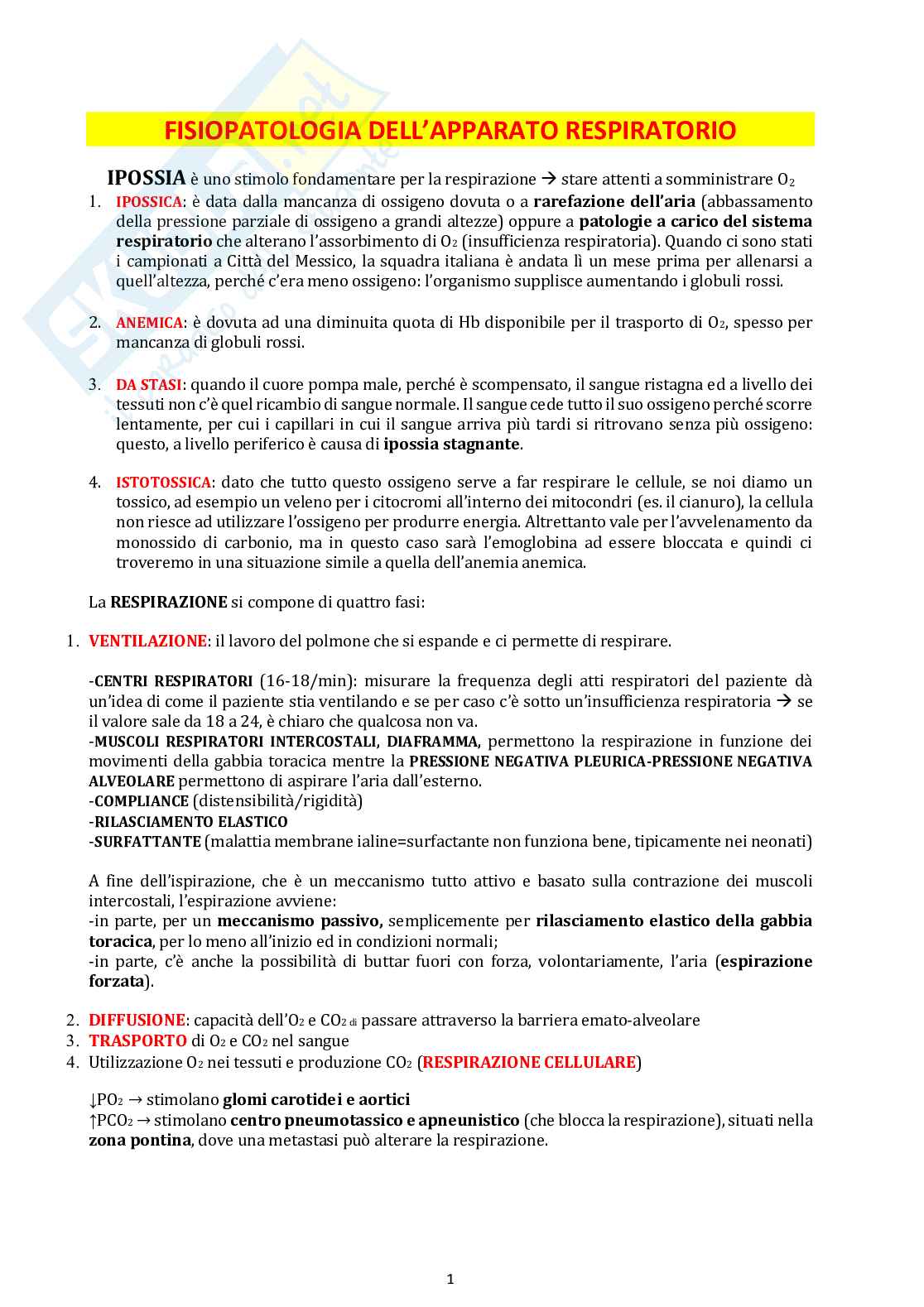 Fisiopatologia apparato respiratorio e cardiovascolare Pag. 1
