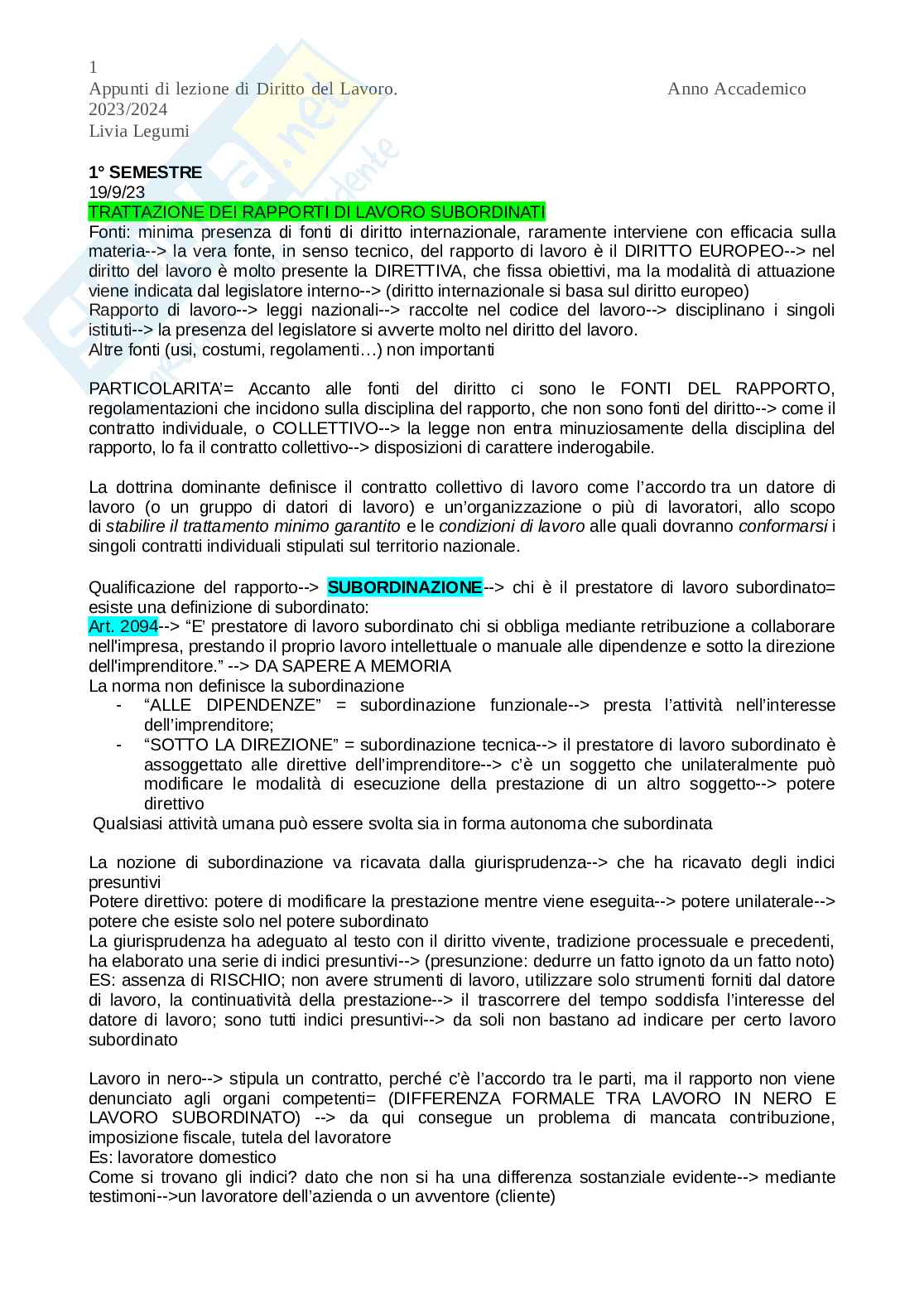 Appunti di lezione di Diritto del lavoro Pag. 1