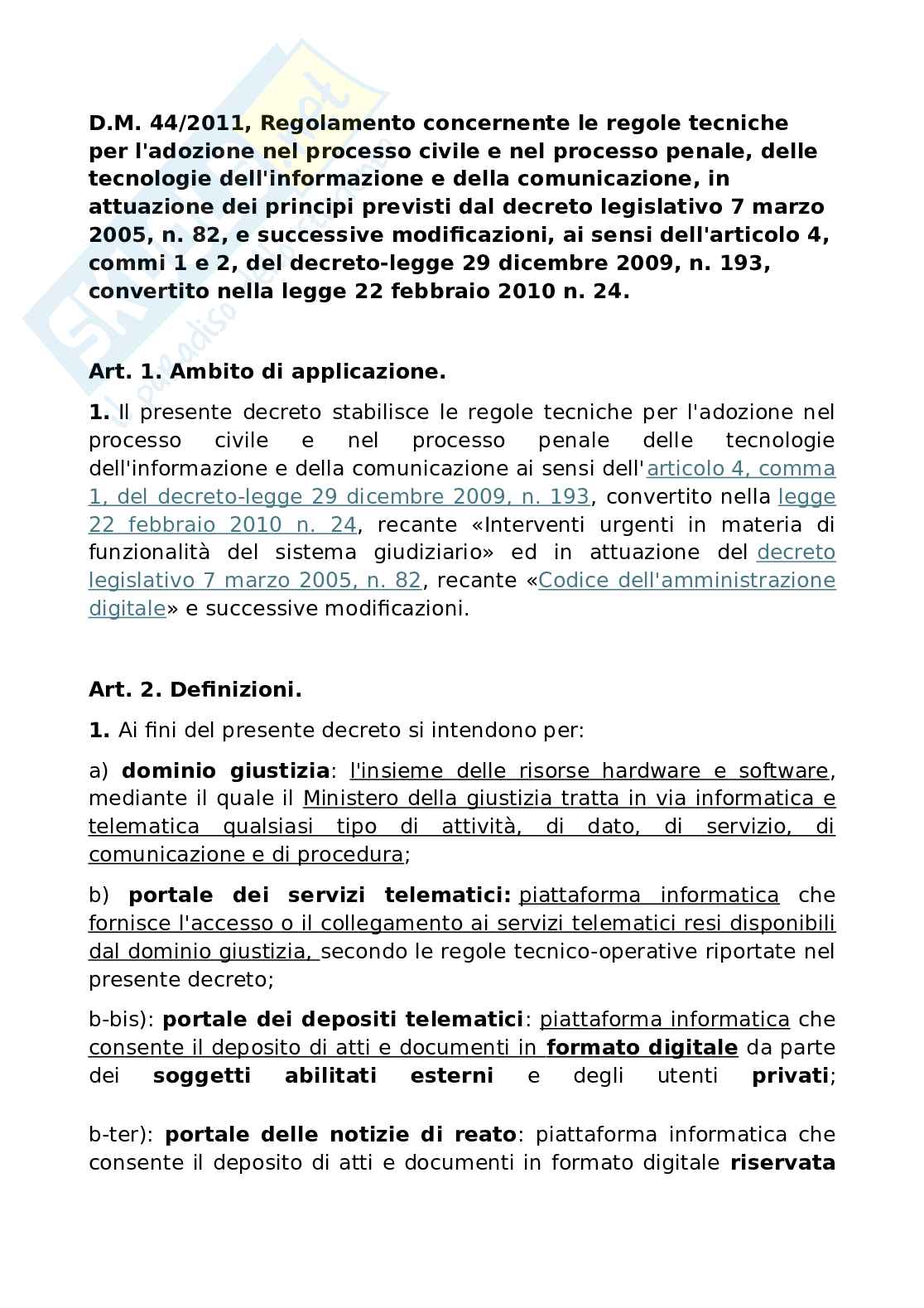 Schemi sul Regolamento concernente le regole tecniche per l'adozione nel processo civile e nel processo penale, delle tecnologie dell'informazione e della comunicazione Pag. 1