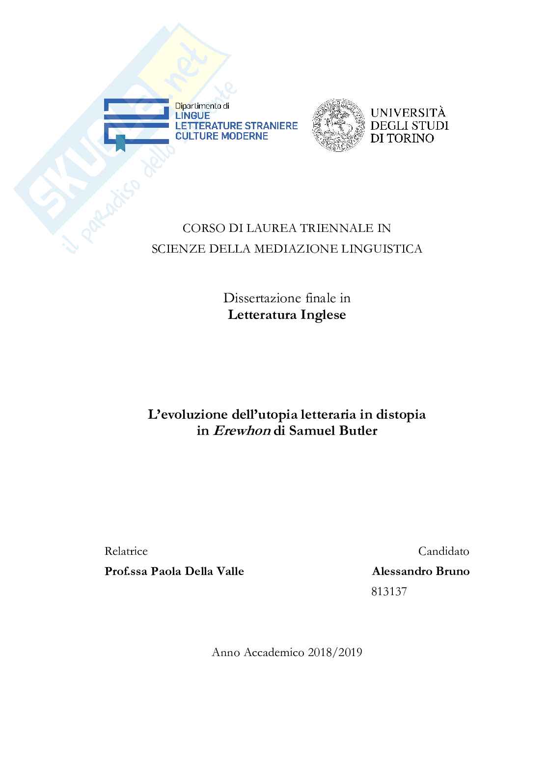 L’evoluzione dell’utopia letteraria in distopia in Erewhon di Samuel Butler Pag. 1