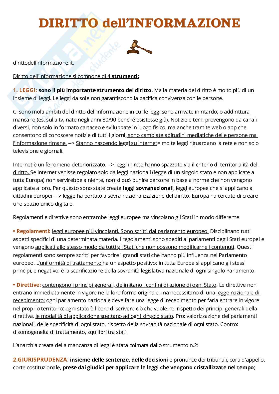 Riassunto esame Diritto dell'informazione, Prof. Razzante Ruben, libro consigliato Manuale di diritto dell’informazione e della comunicazione, Razzante Pag. 1
