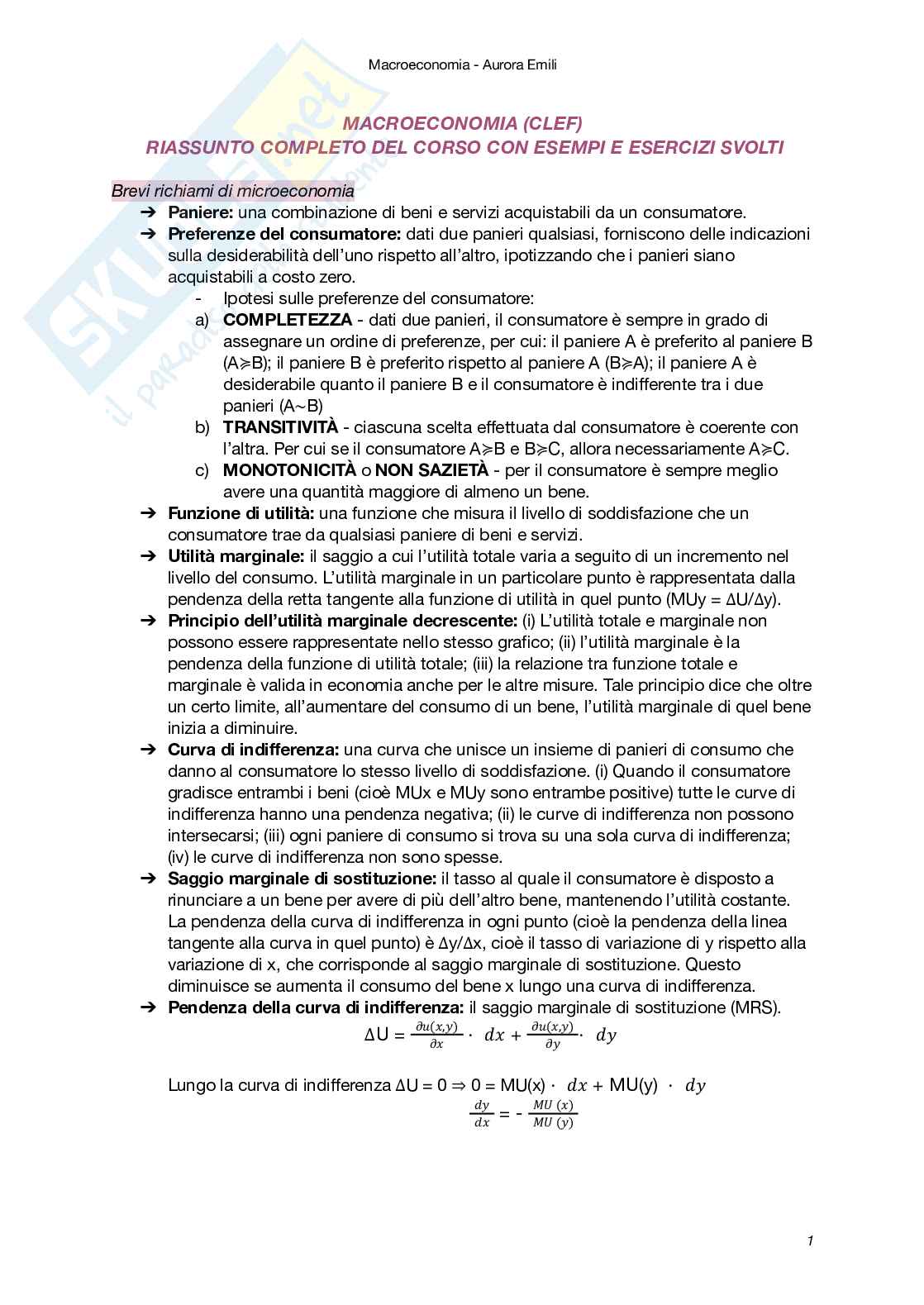 Riassunto esame Macroeconomia, Prof. Carbonari Lorenzo, libro consigliato Macroeconomia - il minimo teorico (II Edizione), Amendola, Carbonari, Ferraris Pag. 1