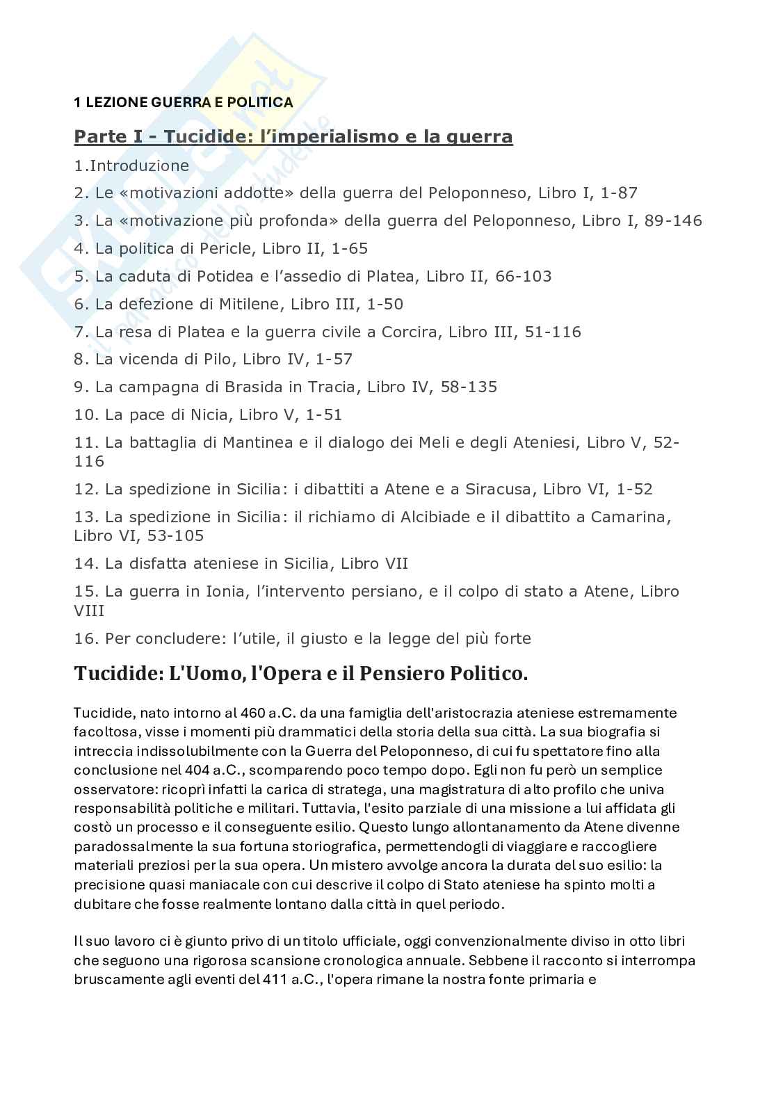 Guerra e politica (La guerra del Peloponneso di Tucidide + Produzione letteraria di Niccolò Machiavelli) Pag. 1