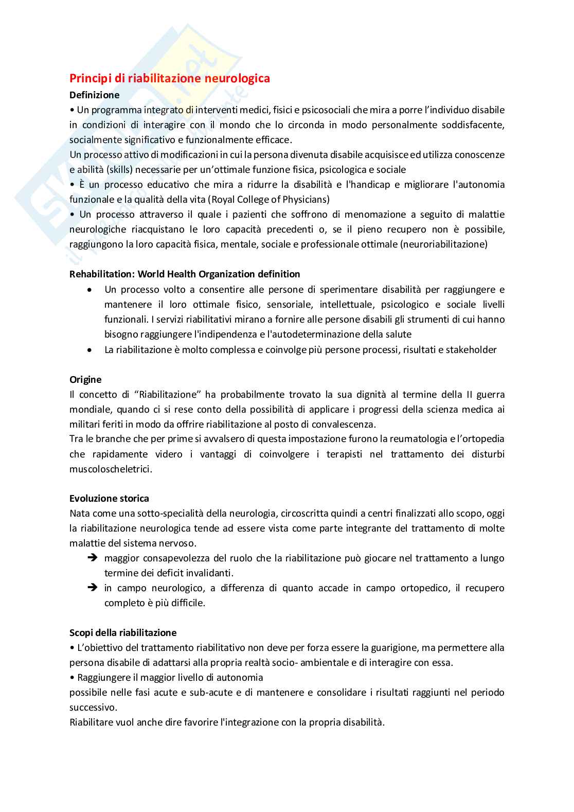Riabilitazione neurologica - Appunti completi Pag. 1