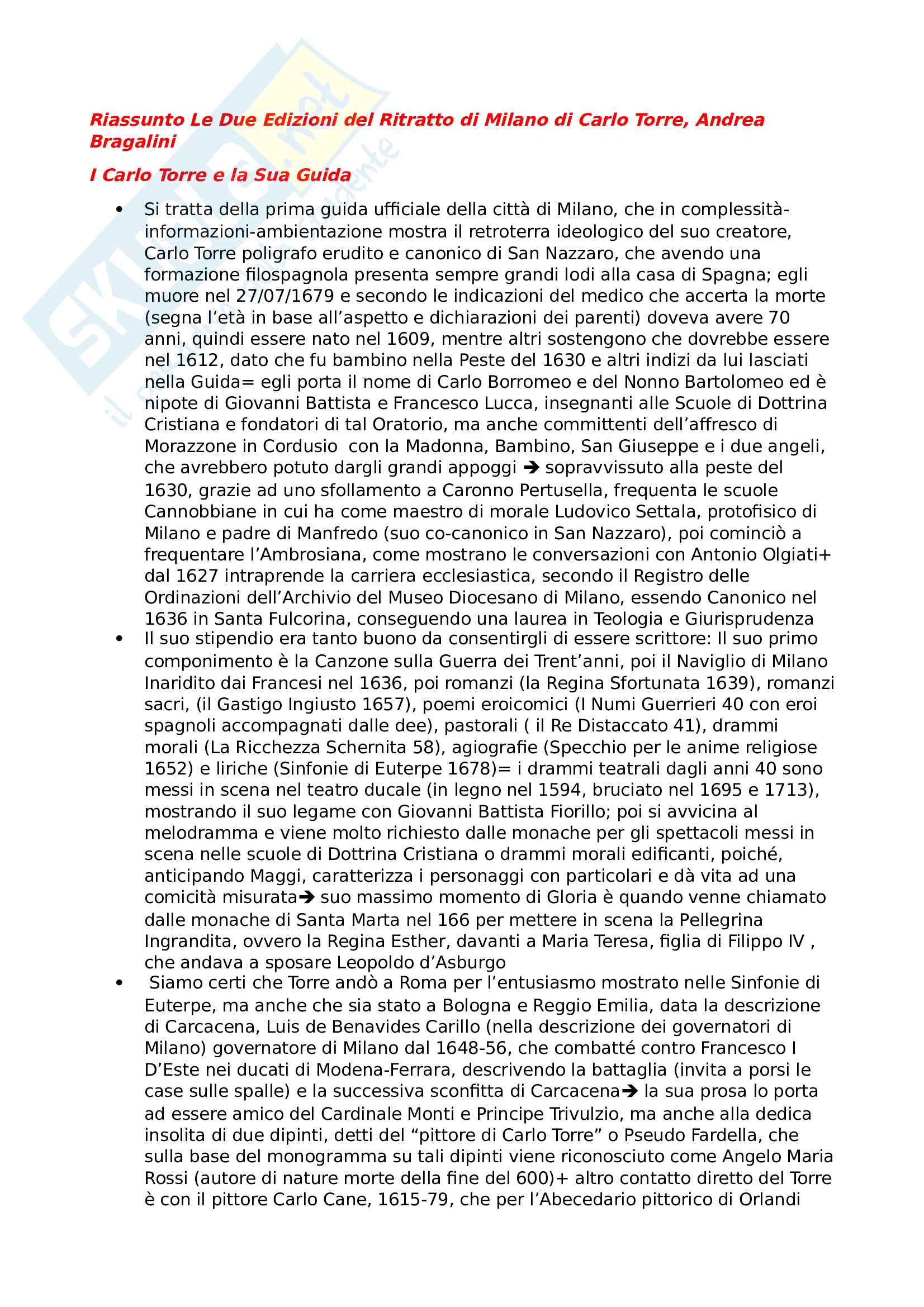 Riassunto esame Storia della letteratura artistica, prof. Sacchi, libro consigliato Le Due Edizioni del Ritratto di Milano di Carlo Torre, Bragaglini Pag. 1