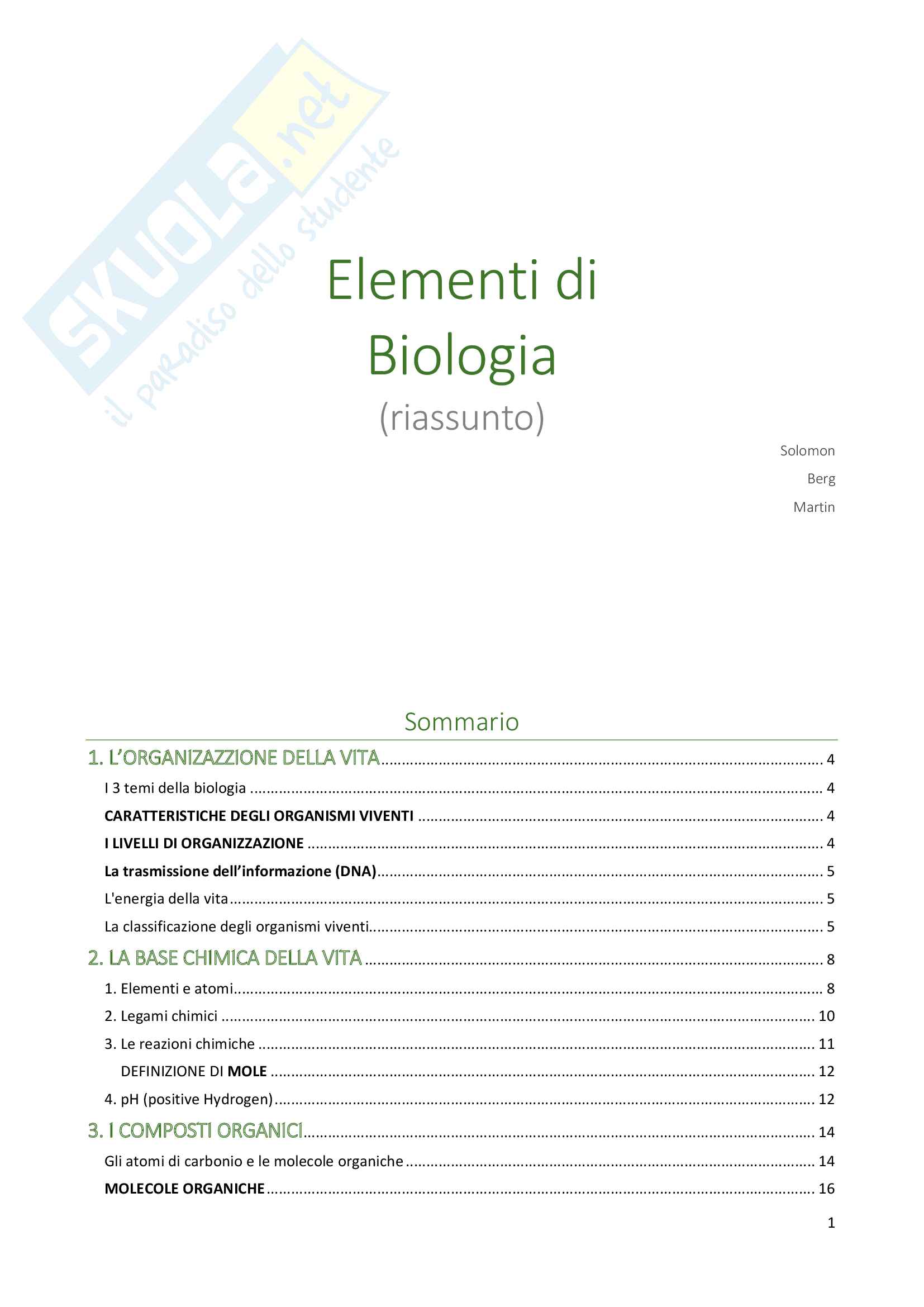 Riassunto di Biologia, docente Zarrella, libro consigliato Elementi di biologia, Eldra P. Solomon Pag. 1