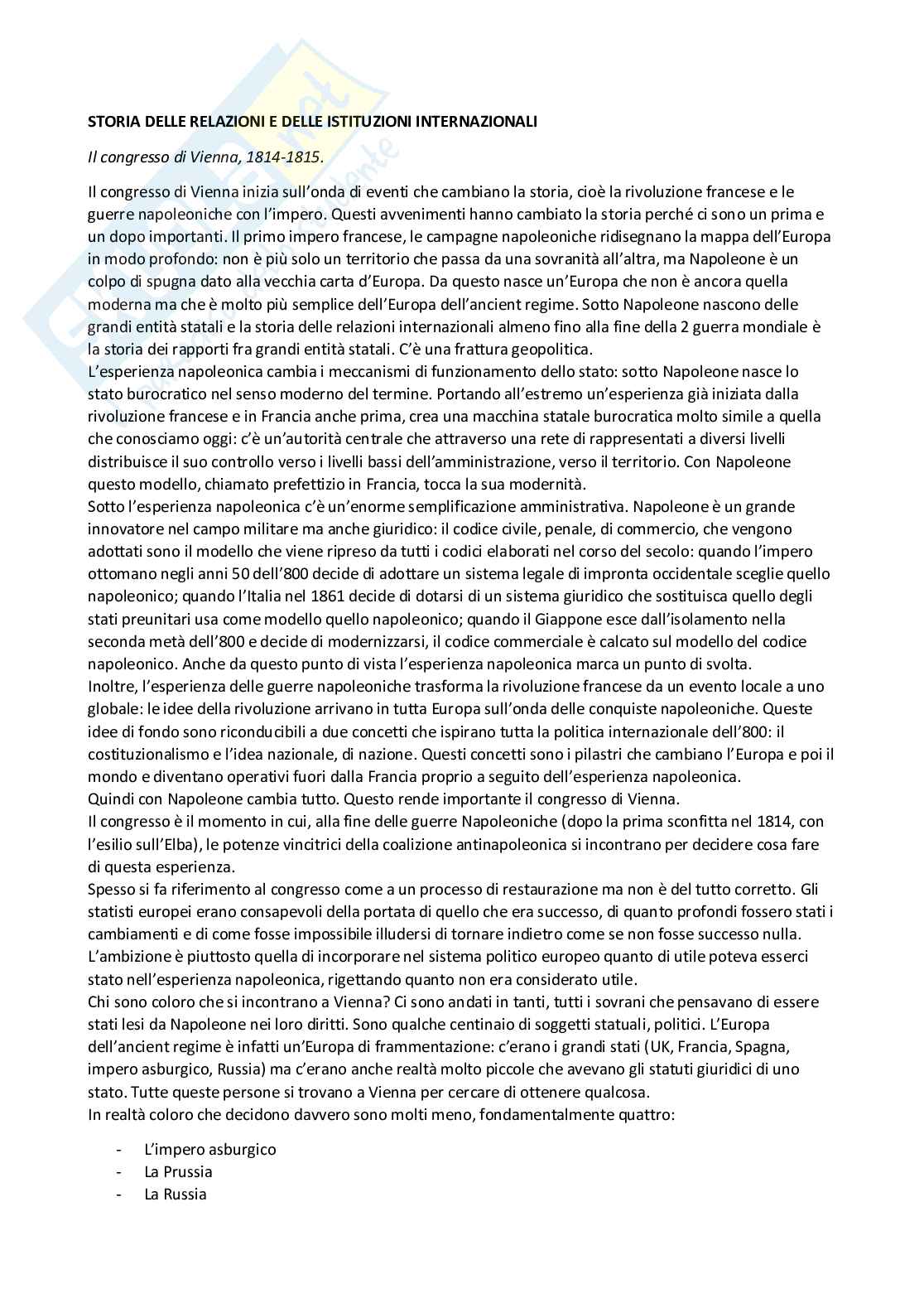 Appunti del corso di Storia delle relazioni e delle Istituzioni internazionali Pag. 1