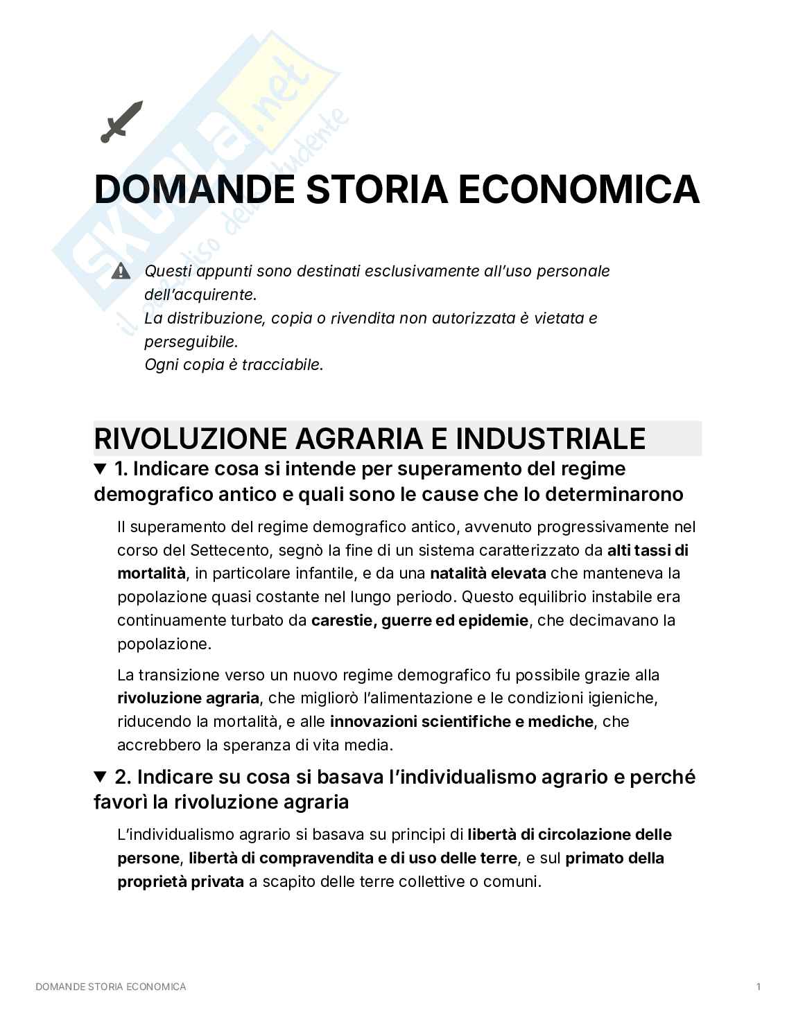 Domande di Storia economica: dalla Rivoluzione agraria all'Unione Europea Pag. 1