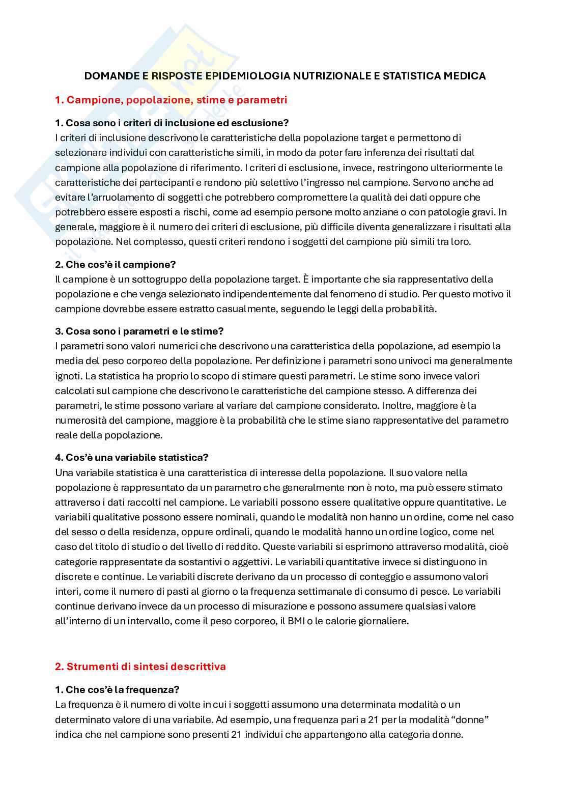 Domande e risposte Epidemiologia nutrizionale e statistica medica Pag. 1