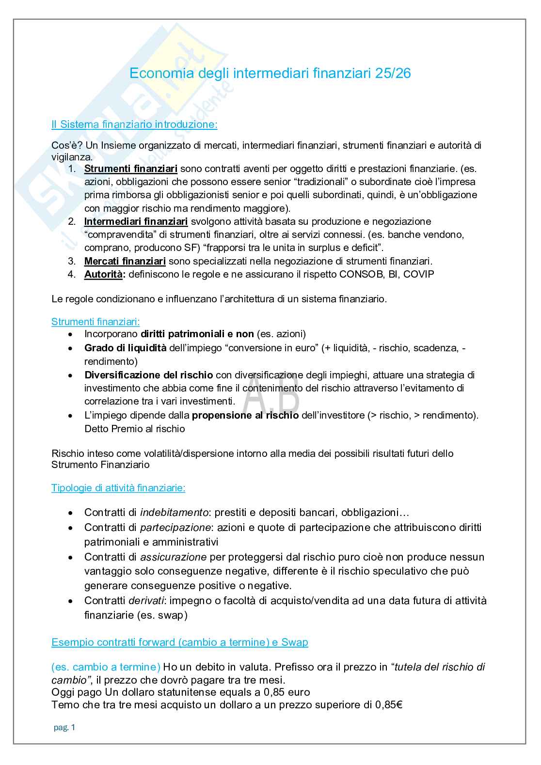 Appunti lezioni Economia degli intermediari finanziari   Pag. 1