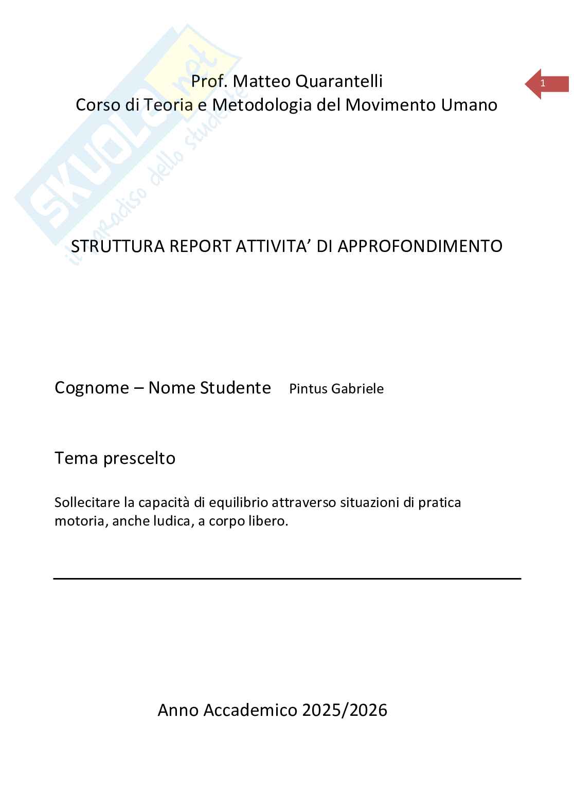 Elaborato Teoria e metodologia del movimento umano - equilibrio Pag. 1