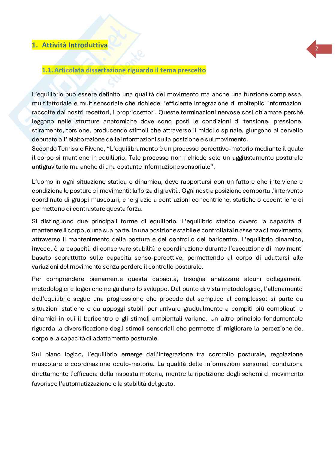 Elaborato Teoria e metodologia del movimento umano - equilibrio Pag. 2
