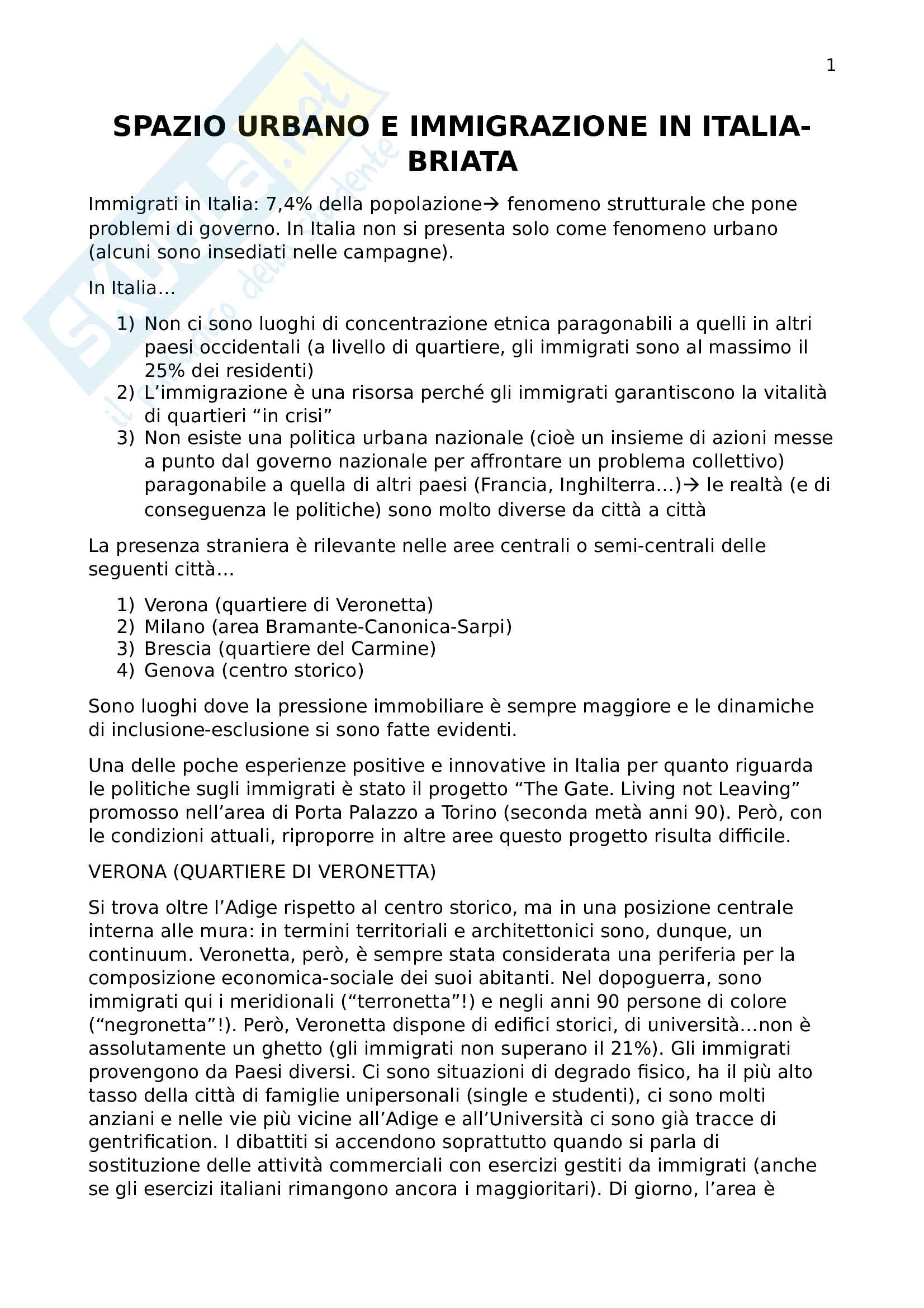 Riassunto esame geografia, prof Rossetto, libro consigliato Spazio urbano e immigrazione in Italia, Briata Pag. 1