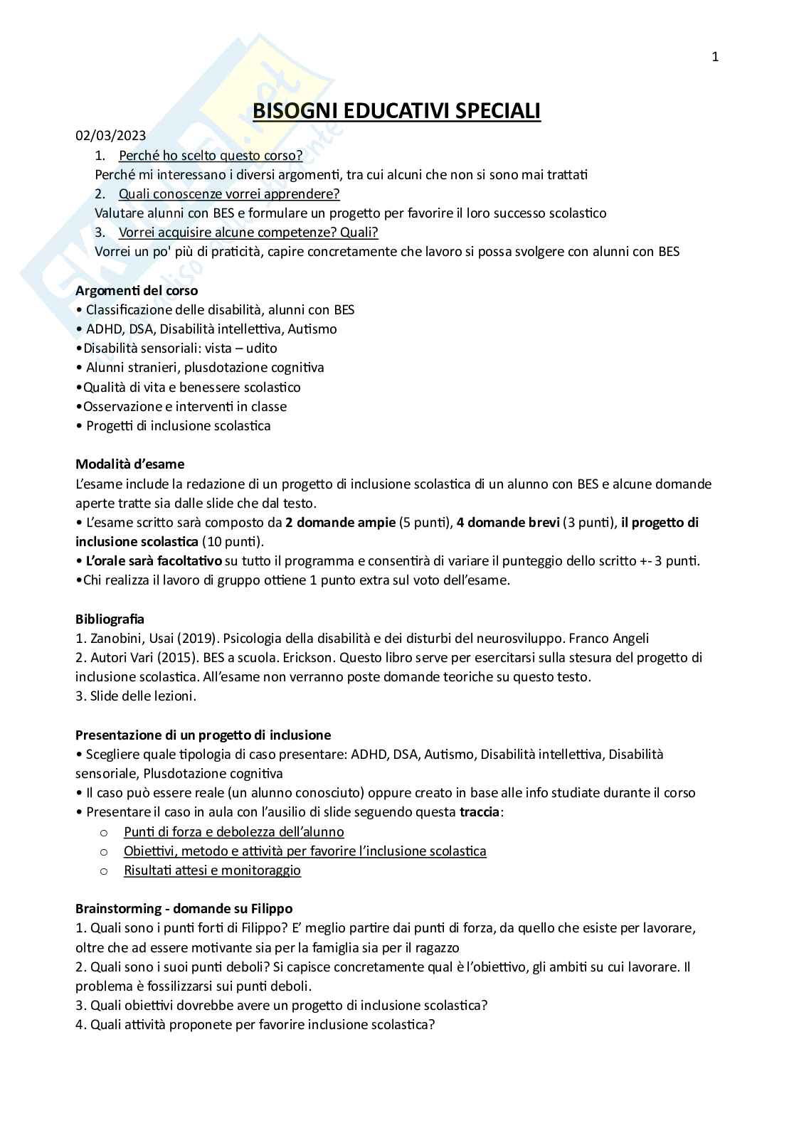 Appunti completi BES - Bisogni educativi speciali Pag. 1