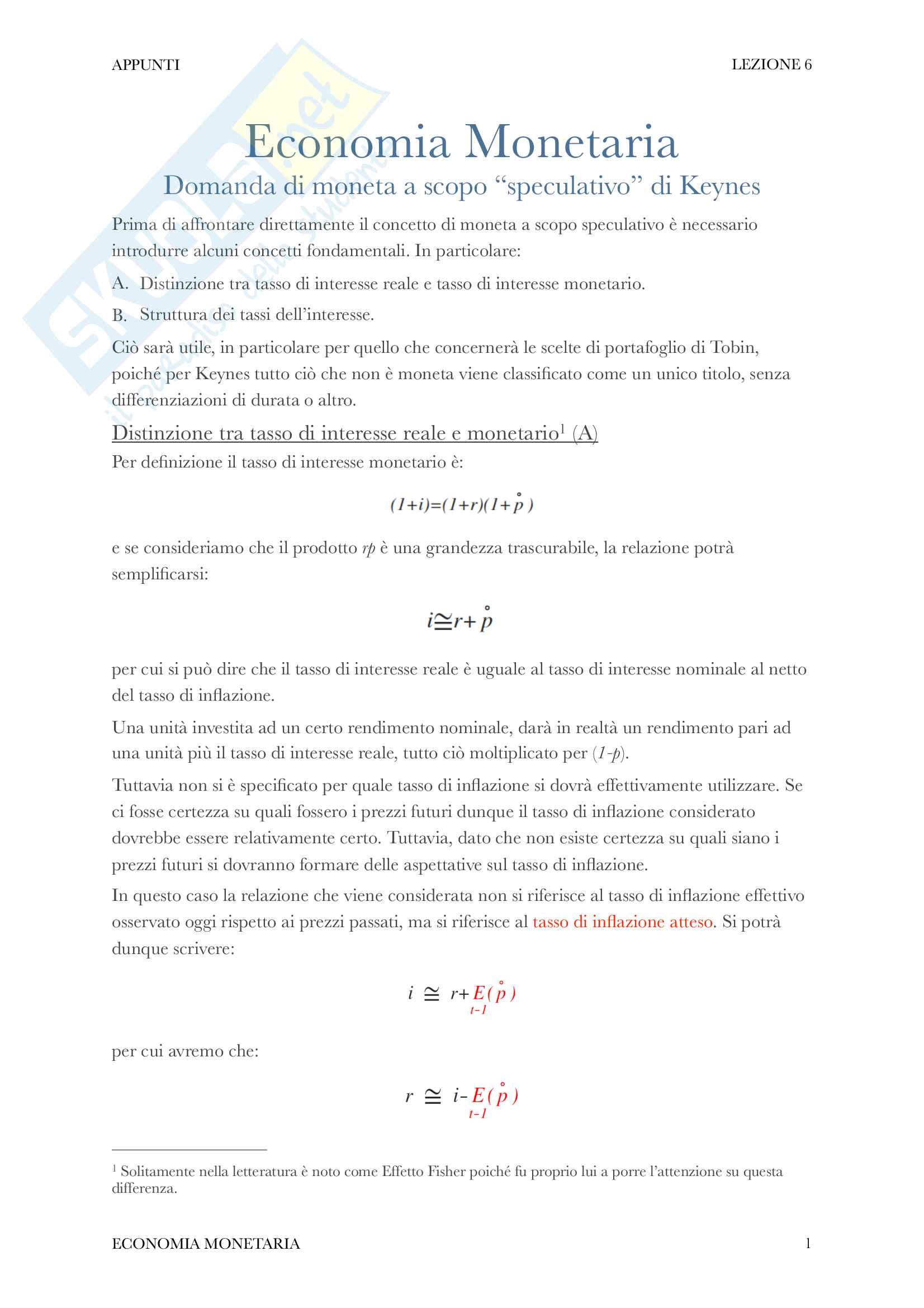 Domanda di moneta di Keynes - Economia Monetaria Pag. 1