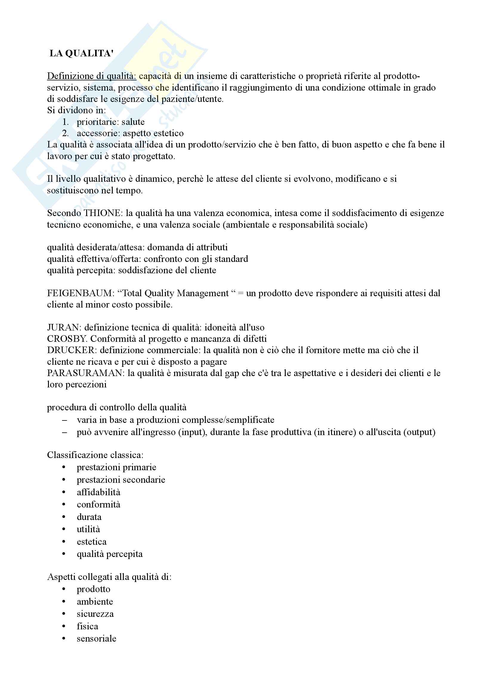 Appunti sulla qualità, Sistema Gestione Qualità e Metodi per la Gestione della Qualità Pag. 1