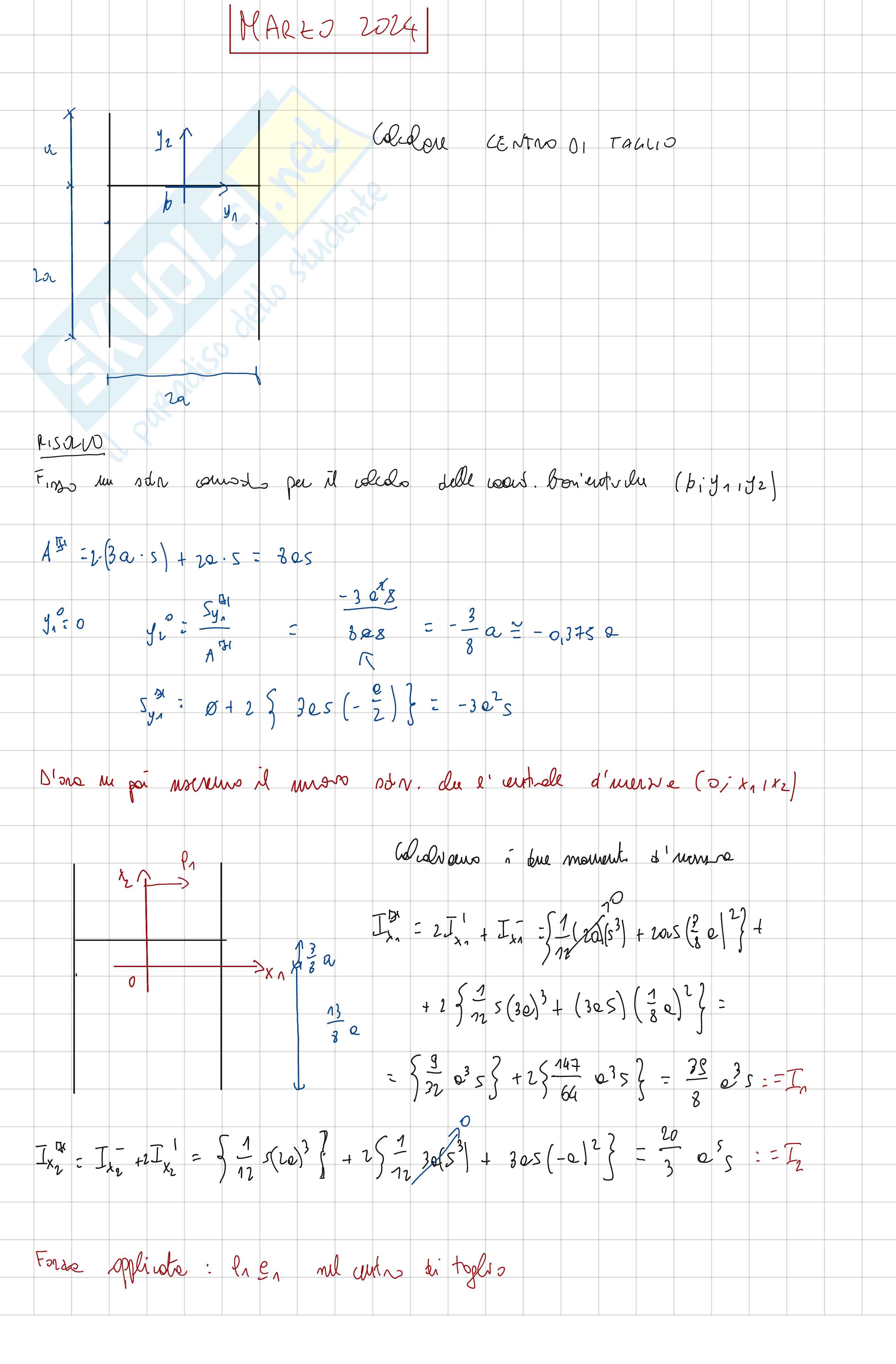 Raccolta di esercizi svolti di Meccanica dei solidi sul calcolo e determinazione del centro di taglio  Pag. 1