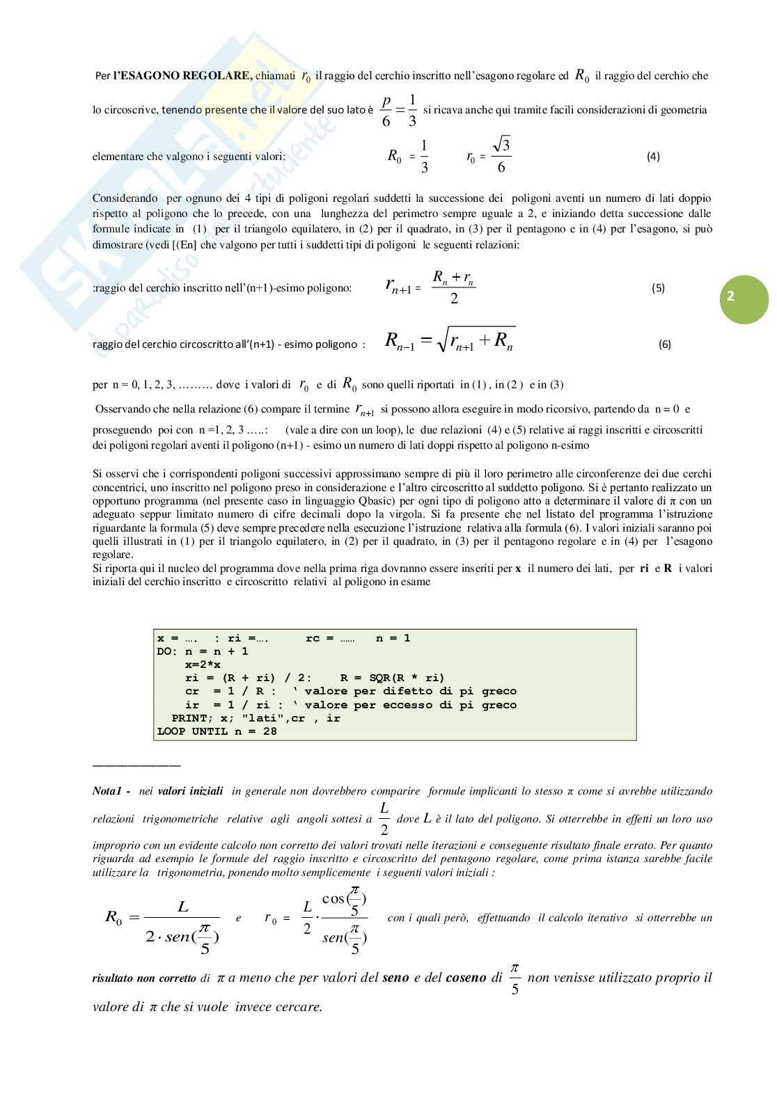 Algoritmo ricorsivo per il calcolo di pi greco partendo da poligoni regolari Pag. 2
