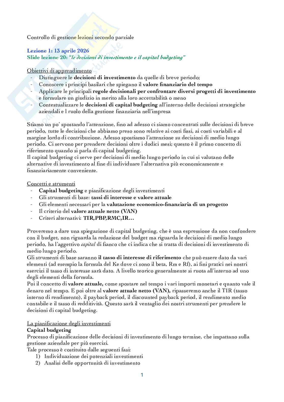 Riassunto esame Controllo di gestione, Prof. Manetti Giacomo, libro consigliato Programmazione e controllo, Arcari Pag. 1