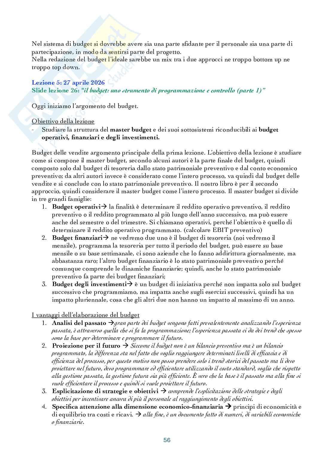 Riassunto esame Controllo di gestione, Prof. Manetti Giacomo, libro consigliato Programmazione e controllo, Arcari Pag. 56
