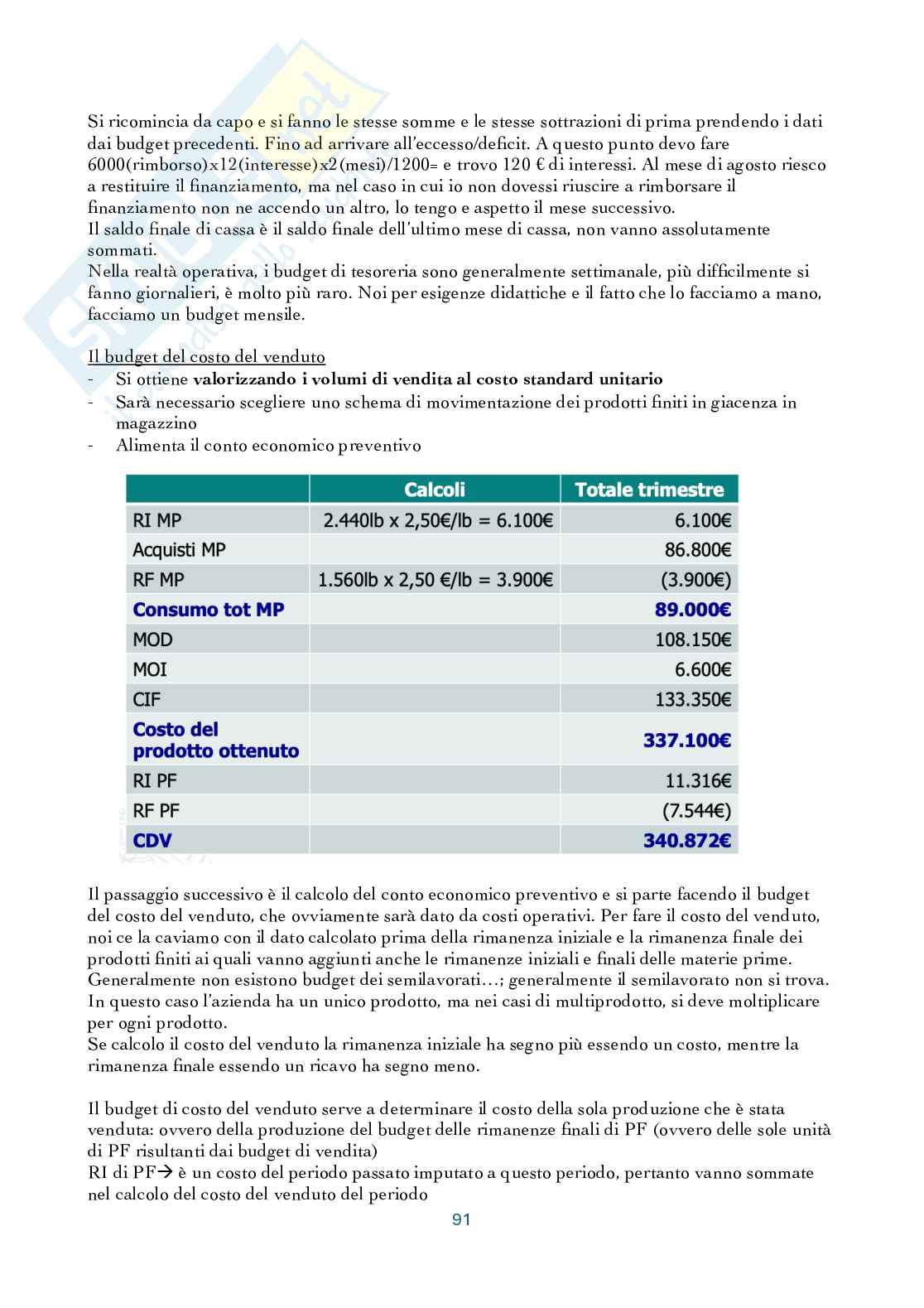 Riassunto esame Controllo di gestione, Prof. Manetti Giacomo, libro consigliato Programmazione e controllo, Arcari Pag. 91