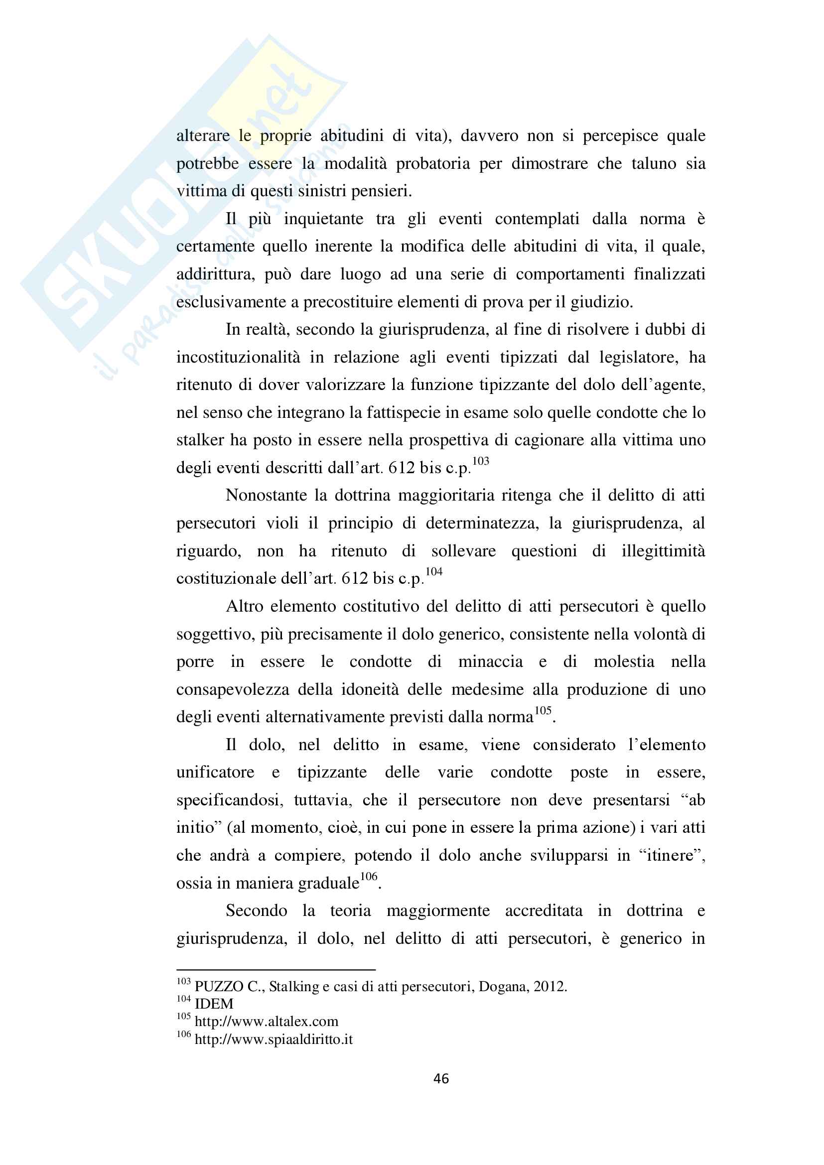 “Il delitto di atti persecutori (art. 612 bis c.p.), tra esigenze effettive di tutela e diritto penale simbolico” Pag. 46