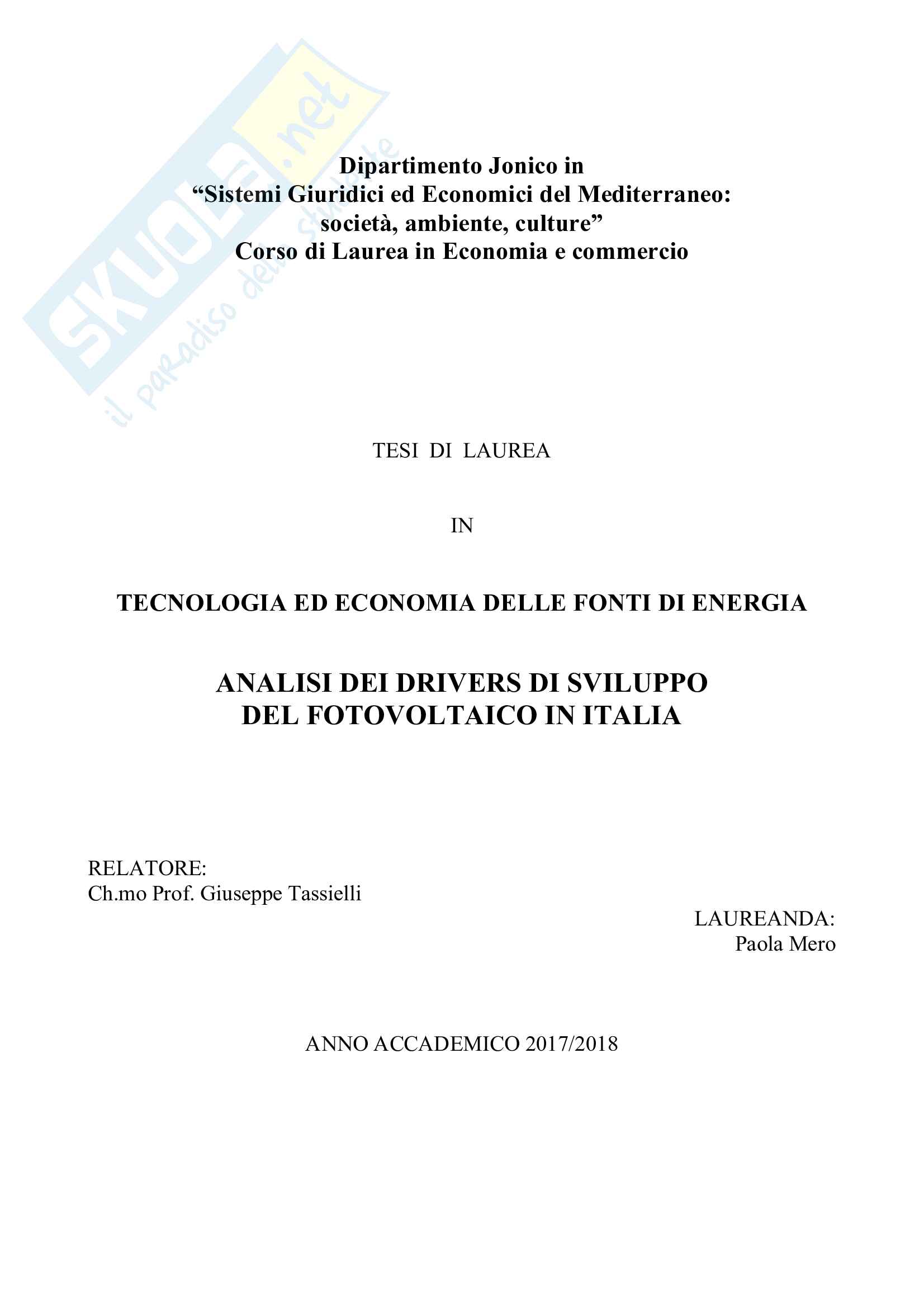 Analisi dei drivers di sviluppo del fotovoltaico in Italia Pag. 1