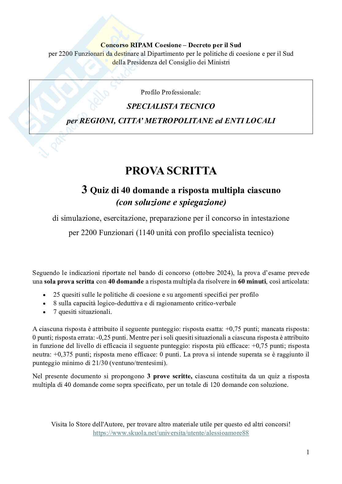 Esempio prova scritta Concorso RIPAM Coesione Sud 2200 posti - Specialista tecnico  - quiz quesiti  svolti con soluzione Pag. 1