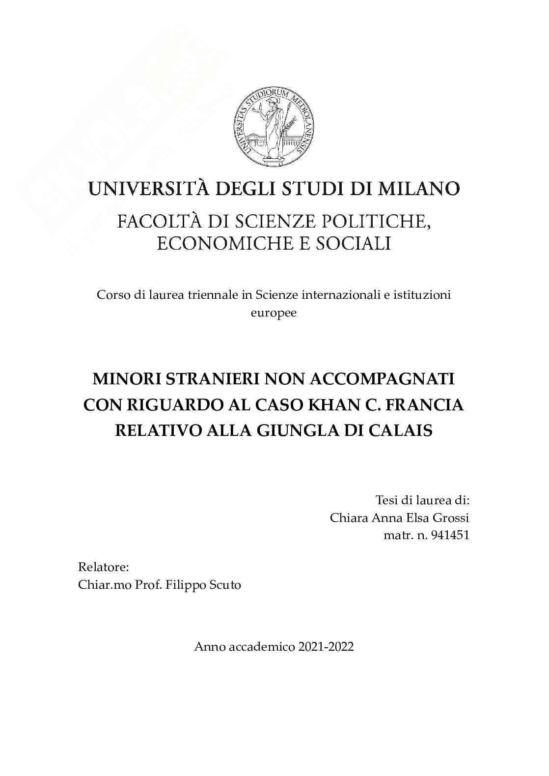 Minori stranieri non accompagnati con riguardo al caso Khan c. Francia relativo alla giungla di Calais Pag. 1