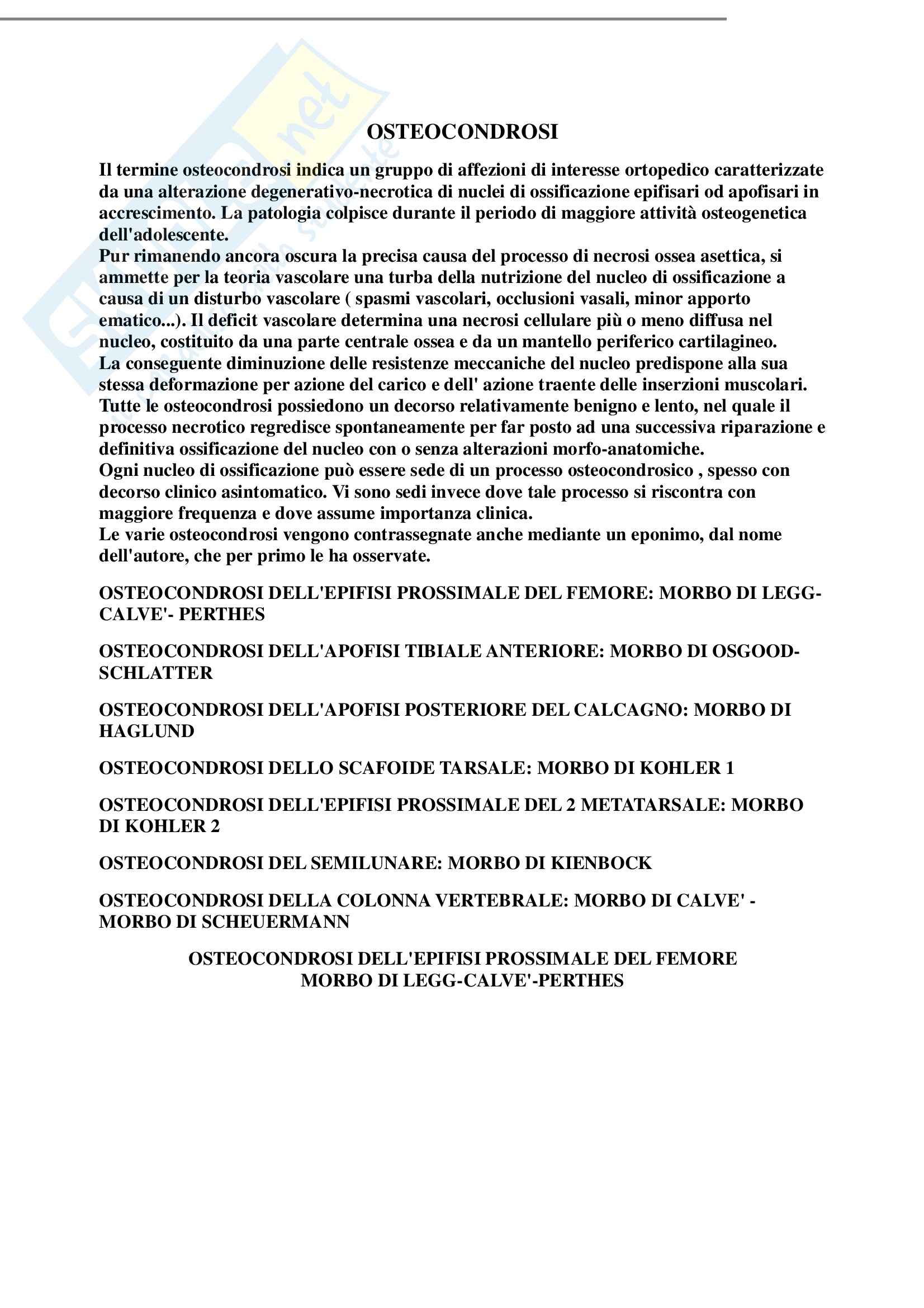 Ortopedia – Osteocondrosi Pag. 1