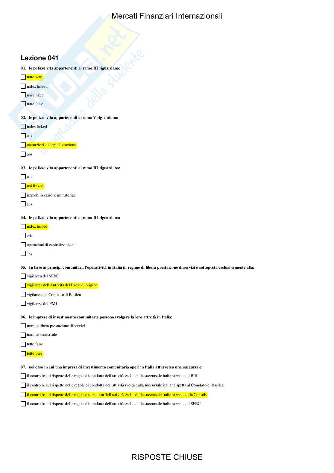 Mercati finanziari internazionali - Paniere compilato Pag. 76